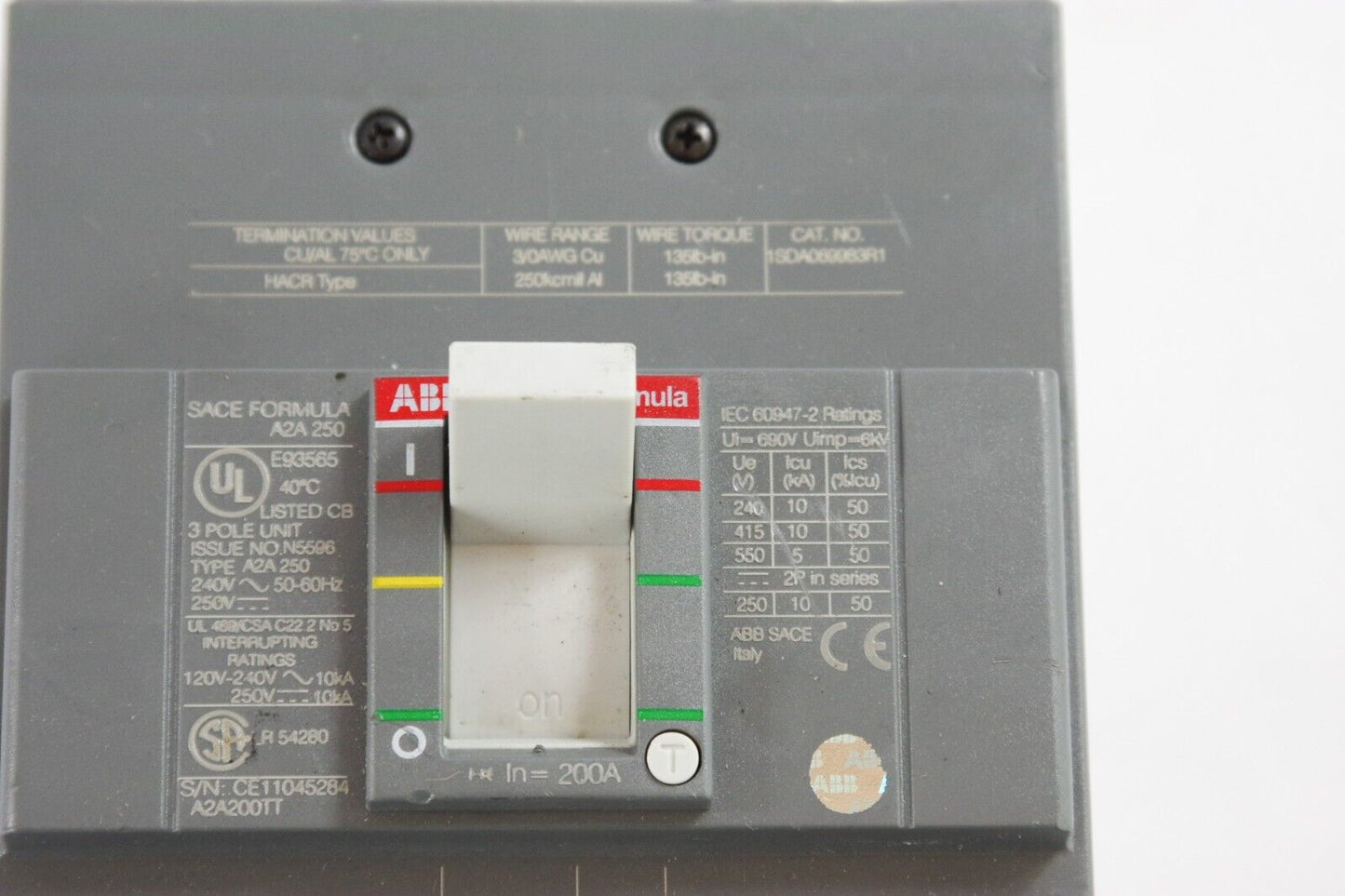 ABB SACE FORMULA A2A200TT A2A 250 260 200A 3 Pole Circuit Breaker