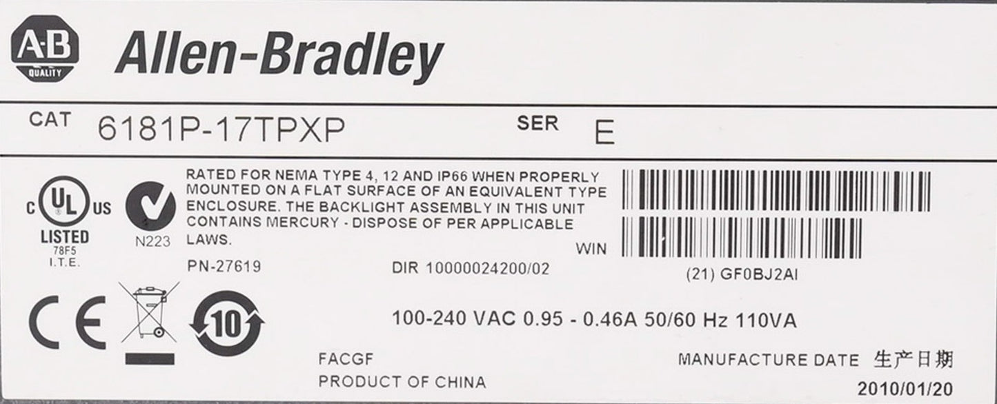 Allen Bradley 6181P-17TPXP /E Integrated Display Industrial Computer 6181P17TPX