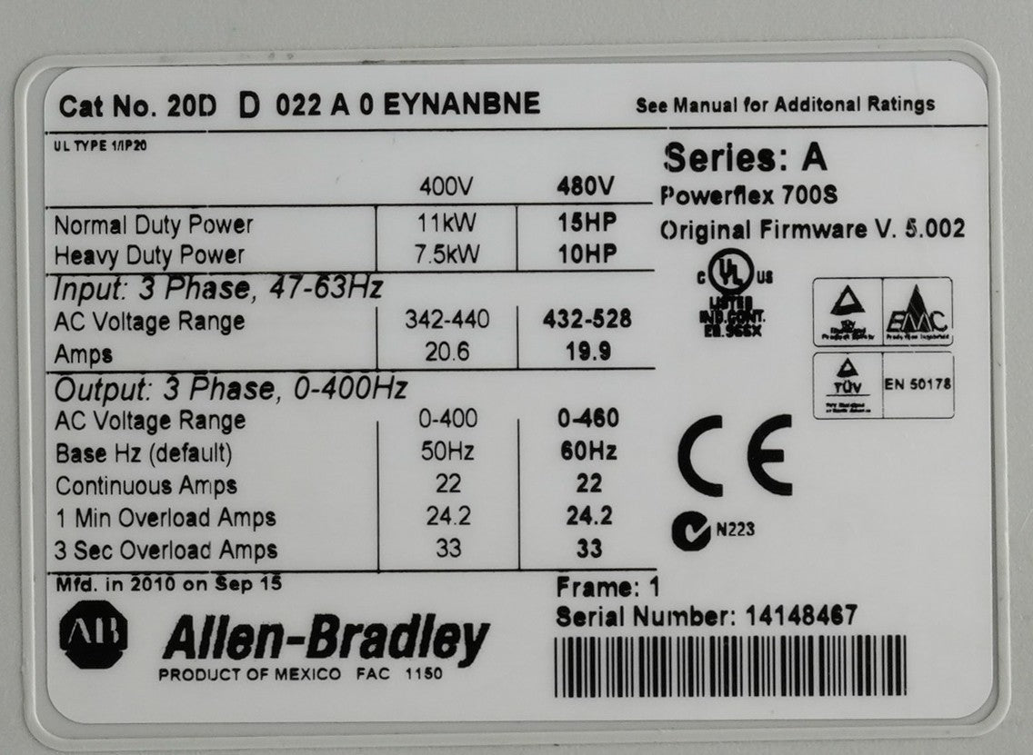 Allen Bradley 20DD022A0EYNANBNE /A PowerFlex 700S 480V AC Drive