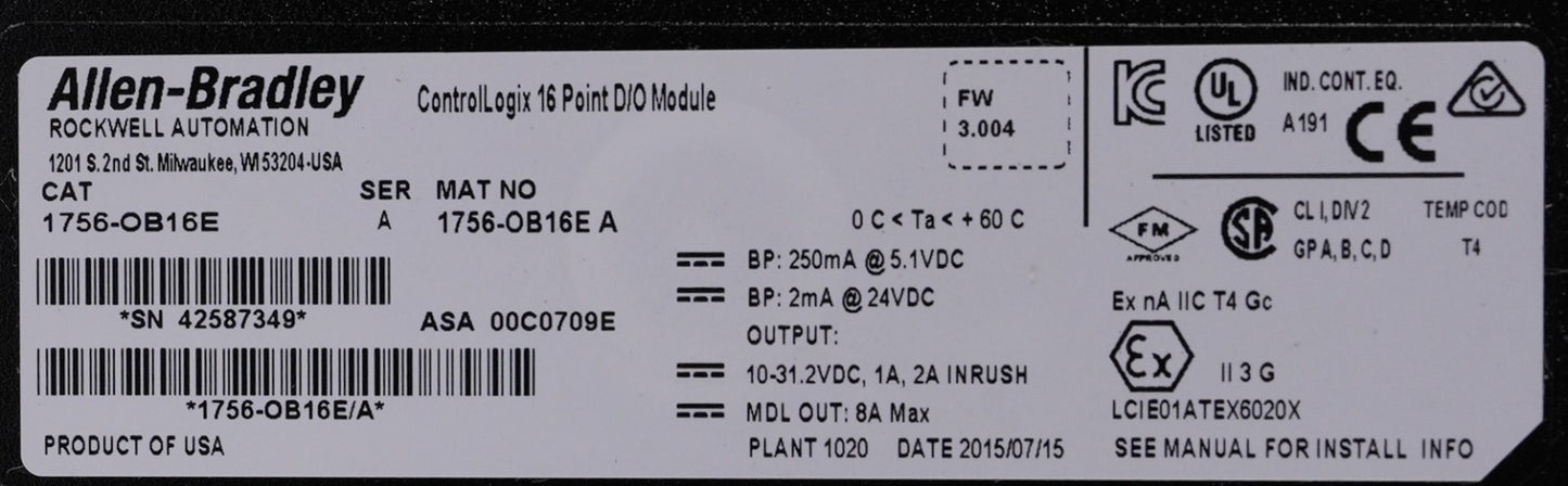 Allen Bradley 1756-OB16E /A ControlLogix 16 Point DC Output Module 1756OB16E