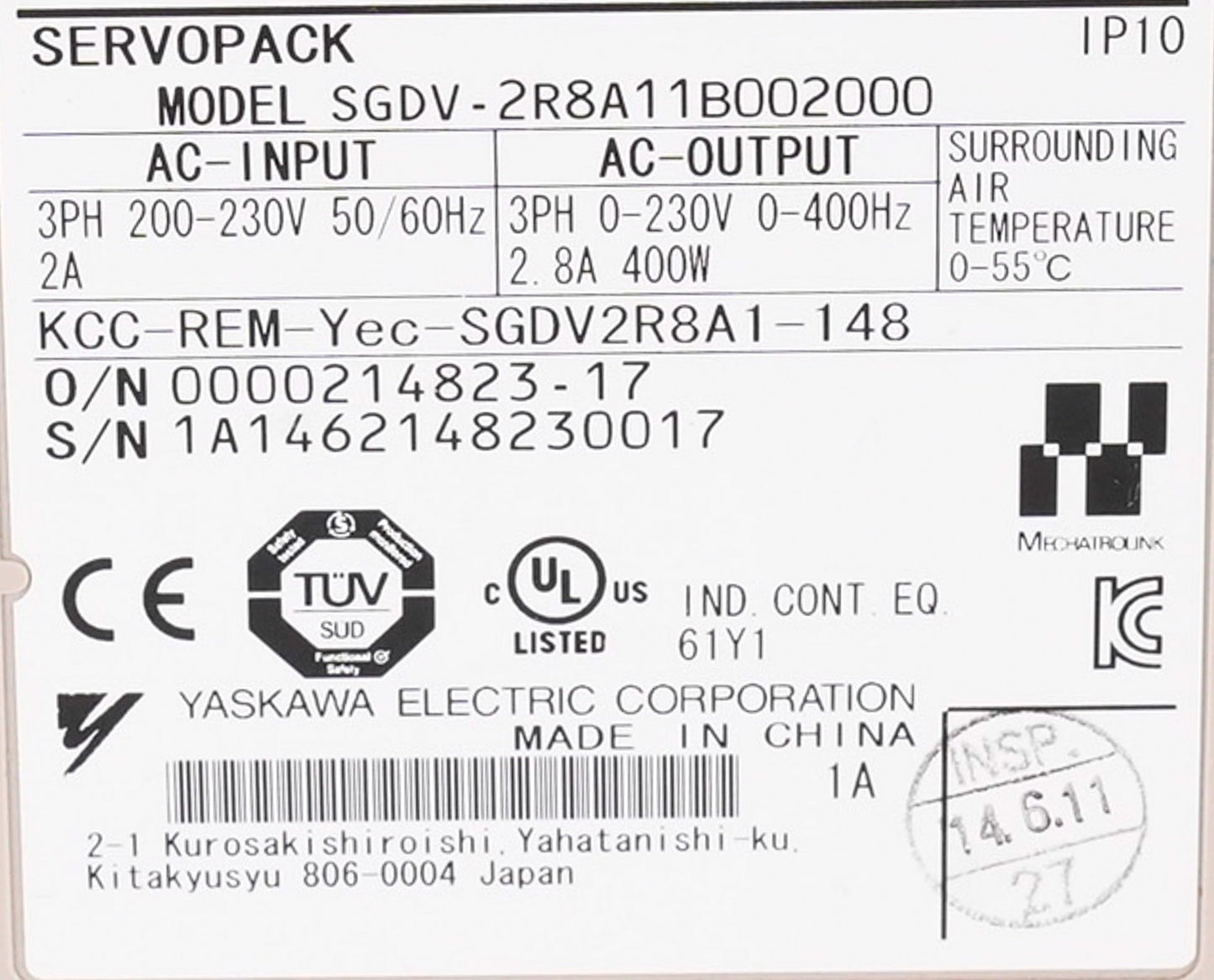 Yaskawa SGDV-2R8A11B002000 Servopack Servo Drive 3-Phase 230V 2.8A 400W