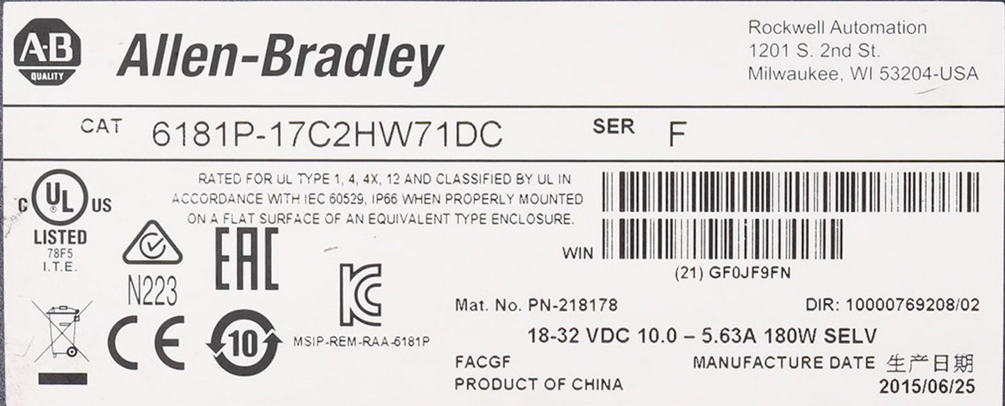 Allen Bradley 6181P-17C2HW71DC /F Industrial Display Panel 6181P17C2HW71DC