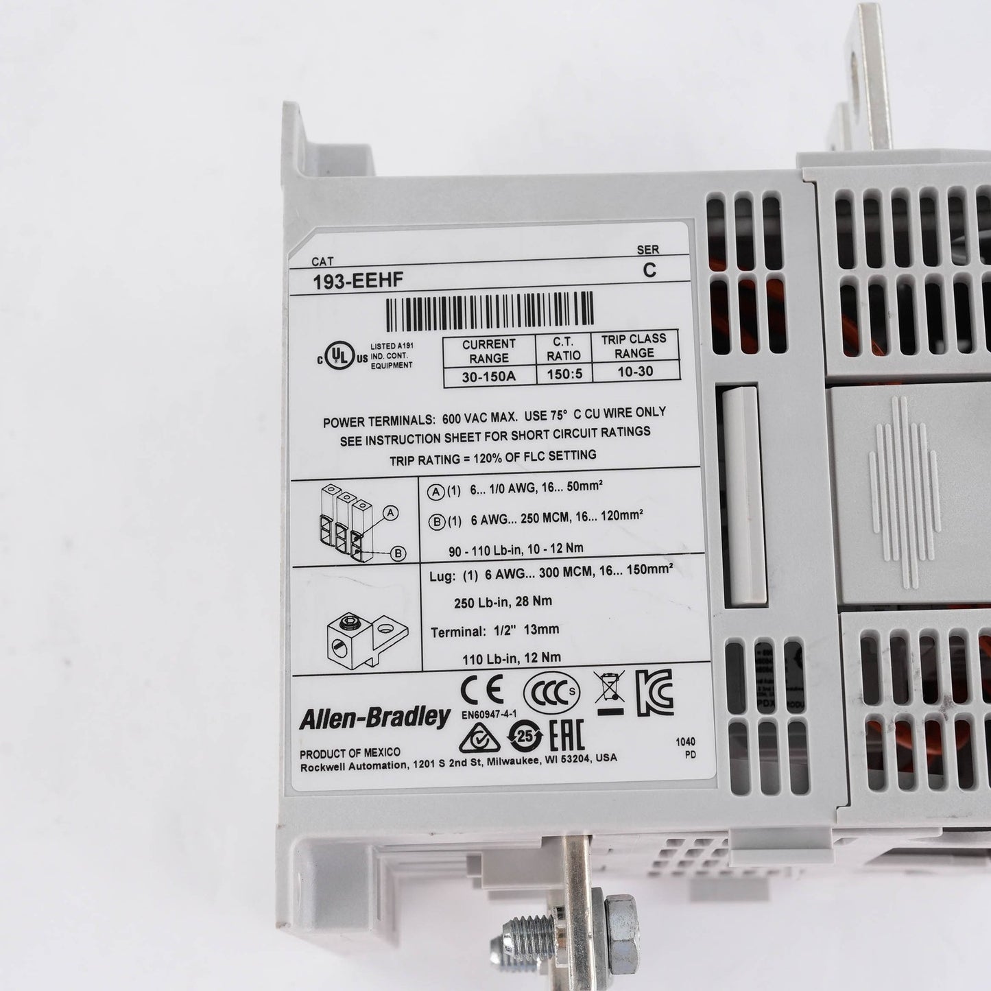 Allen Bradley 193-EEHF E1 Plus Overload Relay 18-90A 600V 50/60Hz 193EEHF