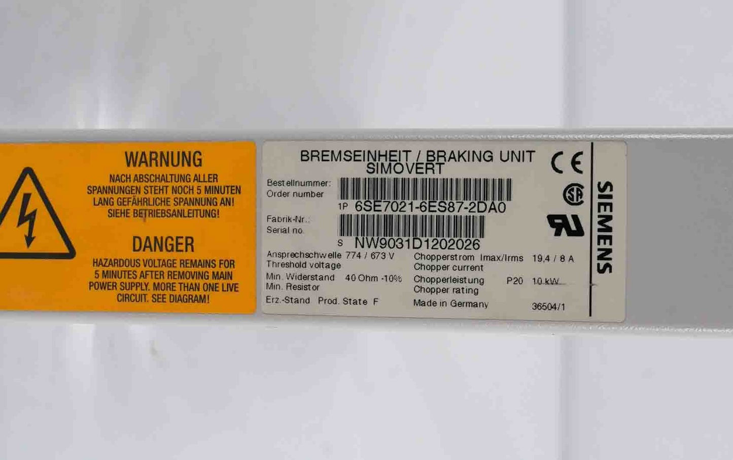 Siemens 6SE7021-6ES87-2DA0 Simovert Braking Unit 6SE70216ES872DA0
