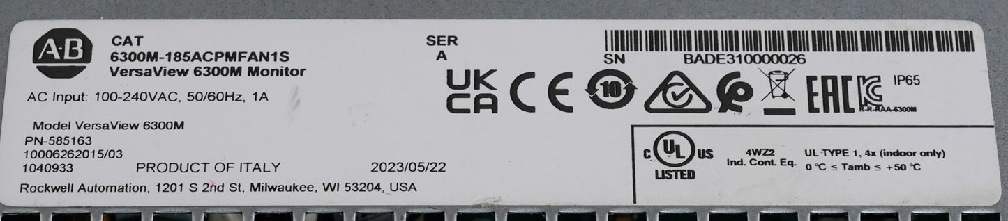 Allen Bradley 6300M-185ACPMFAN1S /A Versaview 6300M Monitor