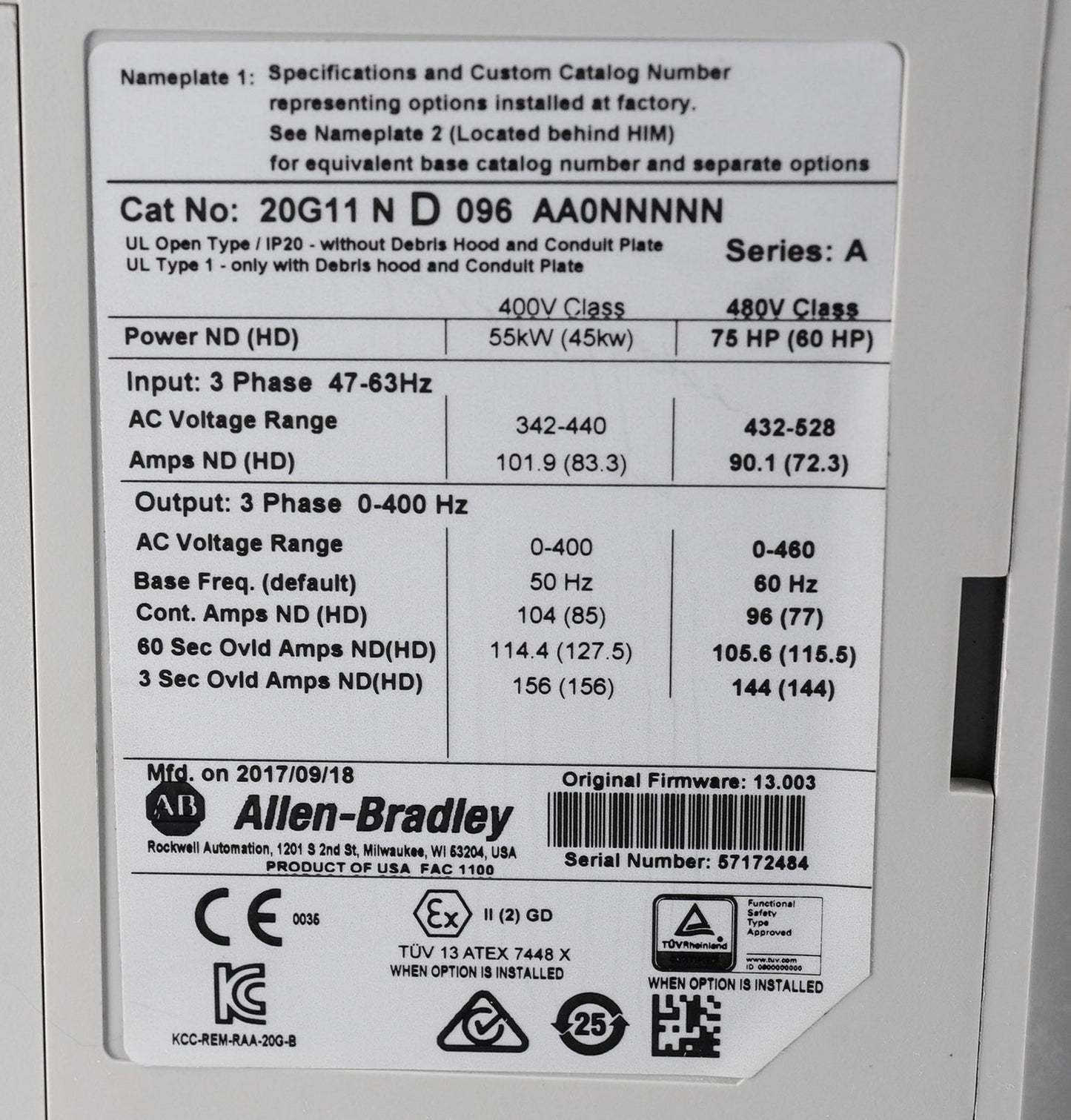Allen Bradley 20G11ND096AA0NNNNN /A PowerFlex 755 AC Drive 480V 75HP 3-Phase