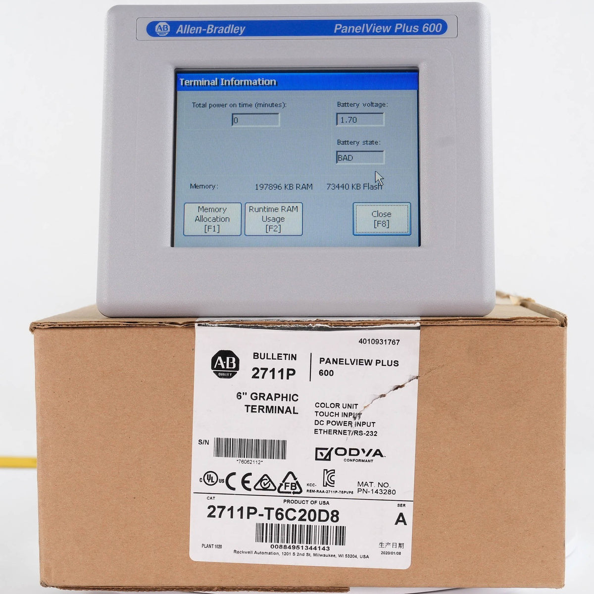 Allen Bradley 2711P-T6C20D8 Ser A PanelView Plus 6 600 Color Touch 24VDC
