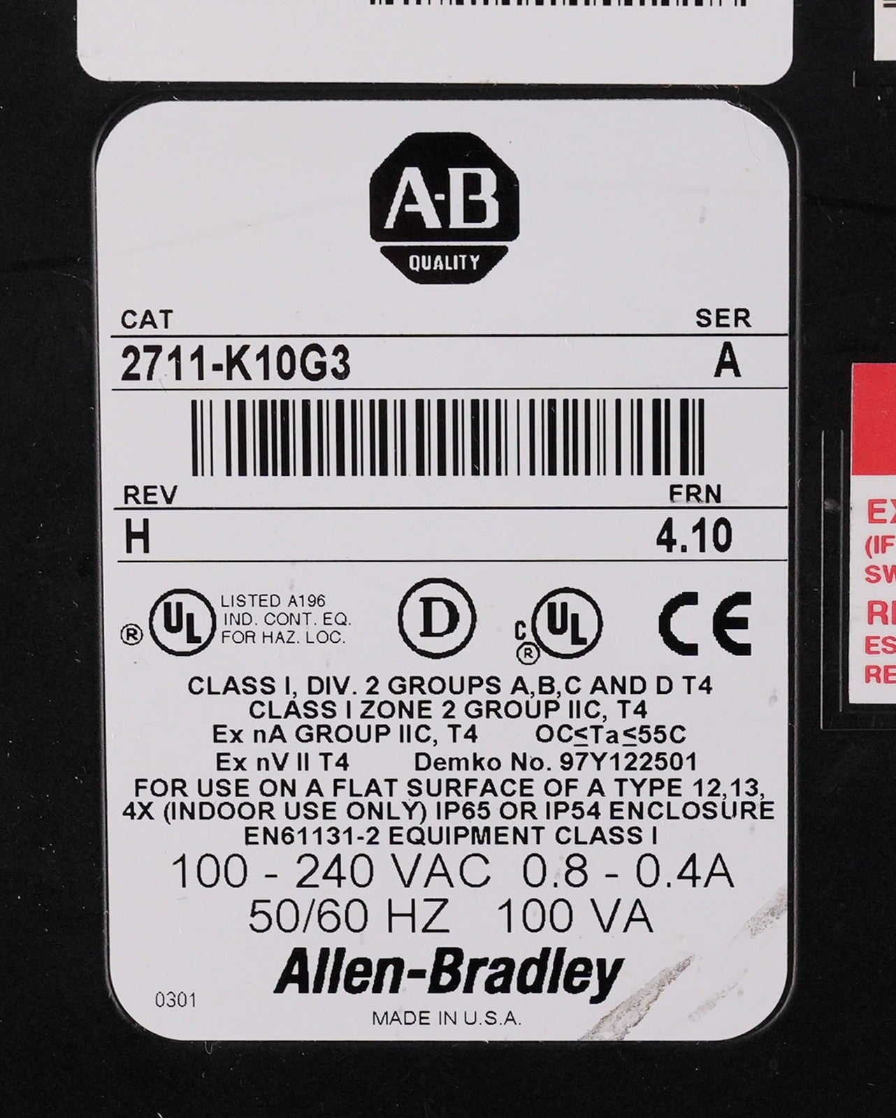 Allen Bradley 2711-K10G3 /A Rev H PanelView 1000 Keypad Display 2711K10G3