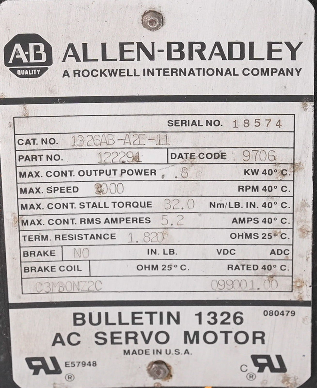 Allen Bradley 1326AB-A2E-11 Bulletin 1326 AC Servo Motor 3000RPM 1326ABA2E11