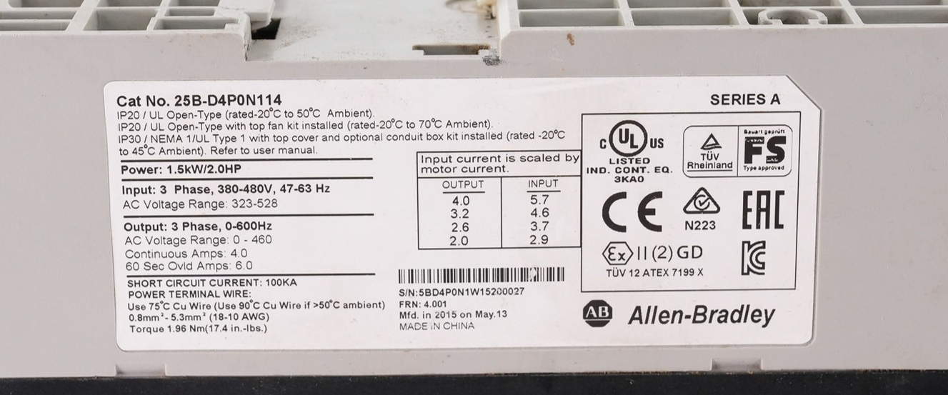 Allen Bradley 25B-D4P0N114 /A PowerFlex 525 AC Drive 480V 3-Ph 2HP 25BD4P0N114