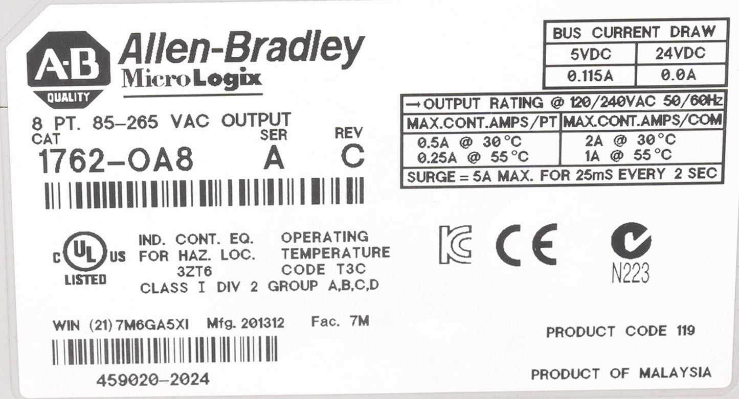 Allen Bradley 1762-OA8 /A MicroLogix 8-Pt Digital Output Module - Open Box