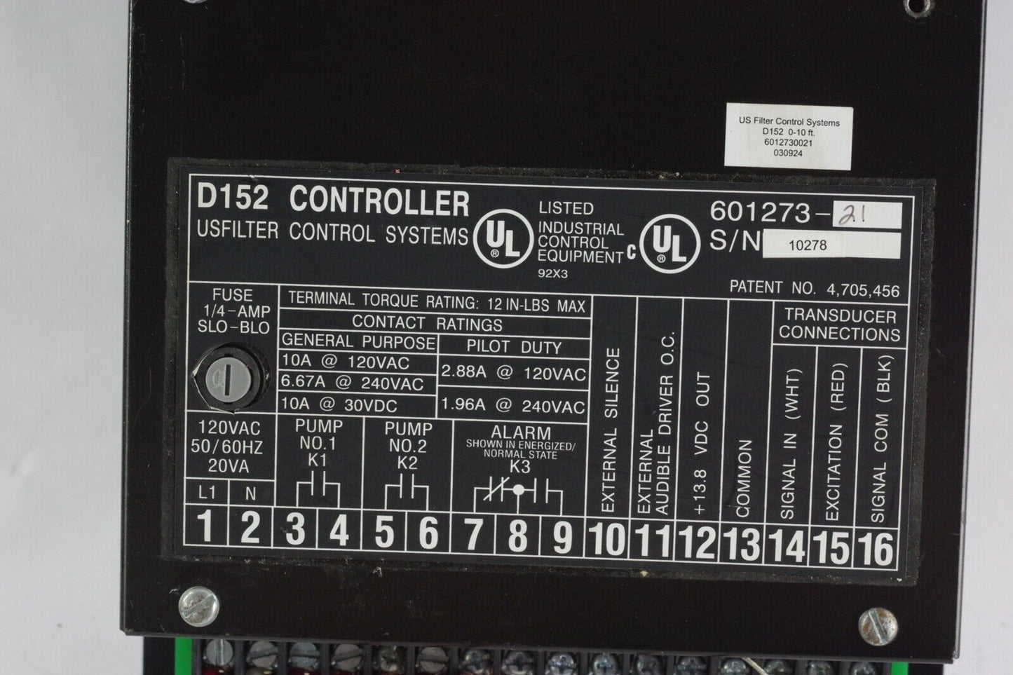 US Filter Control Systems D152 Pump Controller 0-10Ft 601273-21 D151 Replacement