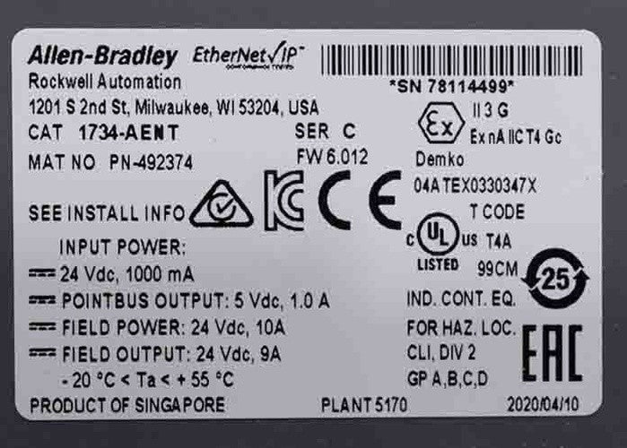 Allen Bradley 1734-AENT /C Point I/O Ethernet Adapter Module 24VDC 1734AENT