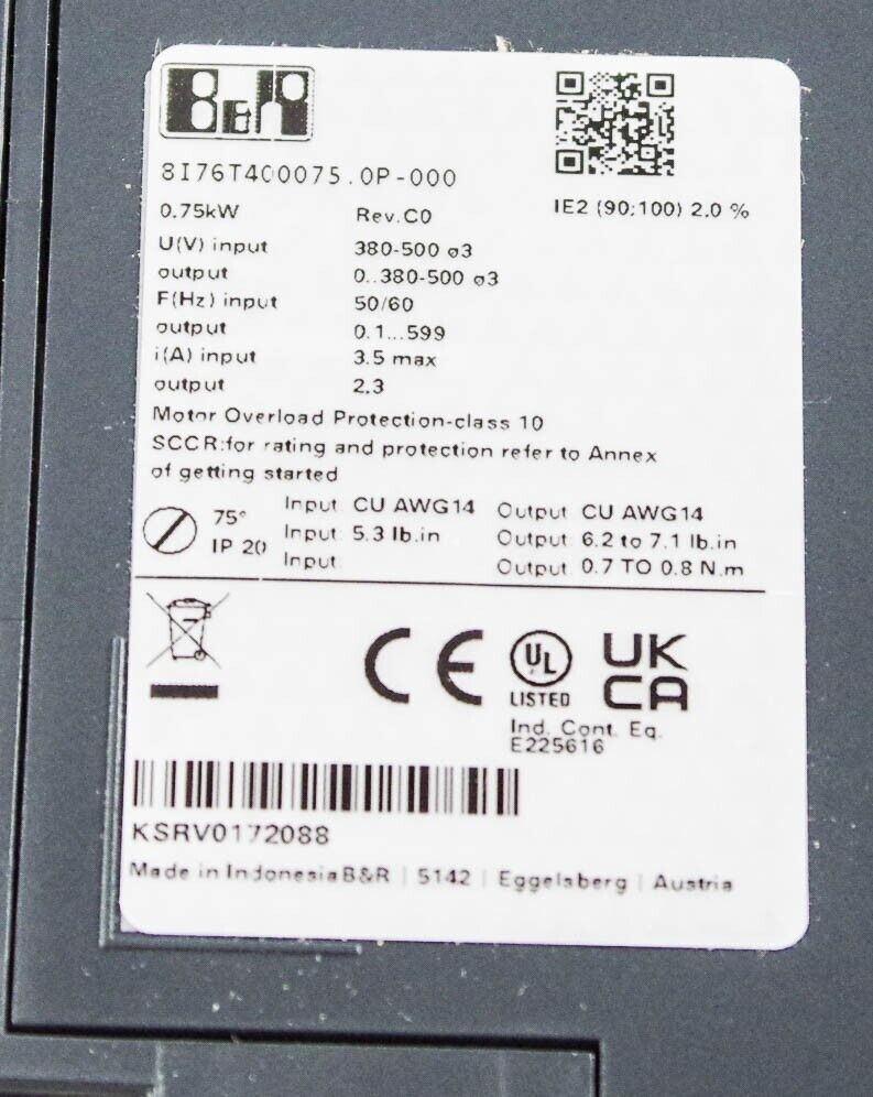 B&R 8I76T400075.0P-000 /  8I76T4000750P000 ACOPOS Inverter 0.75kW 50/60Hz 3.5A