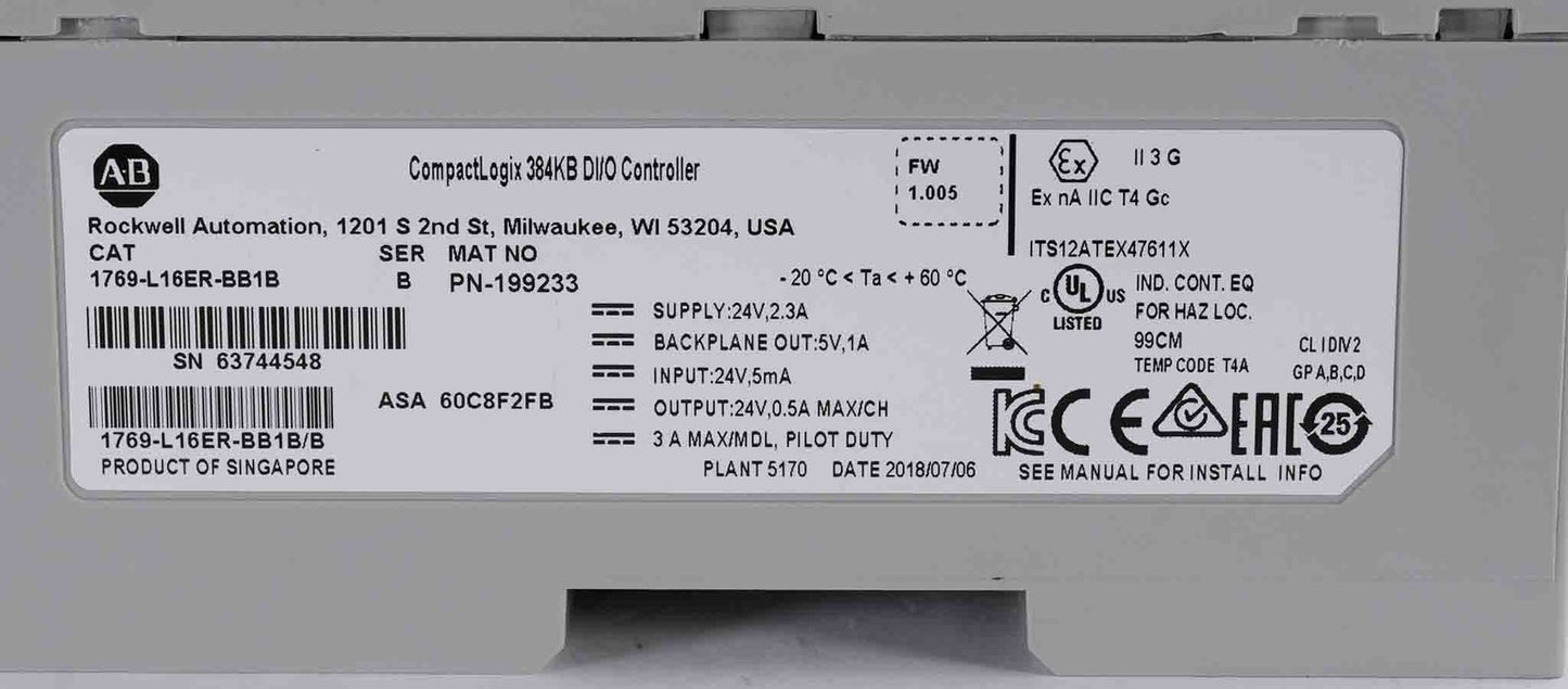 Allen-Bradley 1769-L16ER-BB1B /B CompactLogix L16ER Controller 1769L16ERBB1B