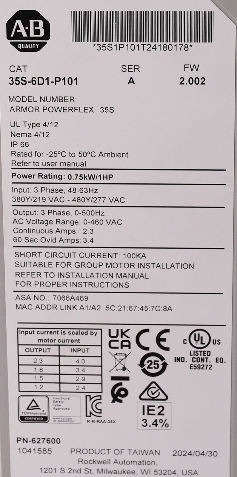 Allen Bradley 35S-6D1-P101 /A Armor Powerflex 35S 35S6D1P101 - Open Box Surplus