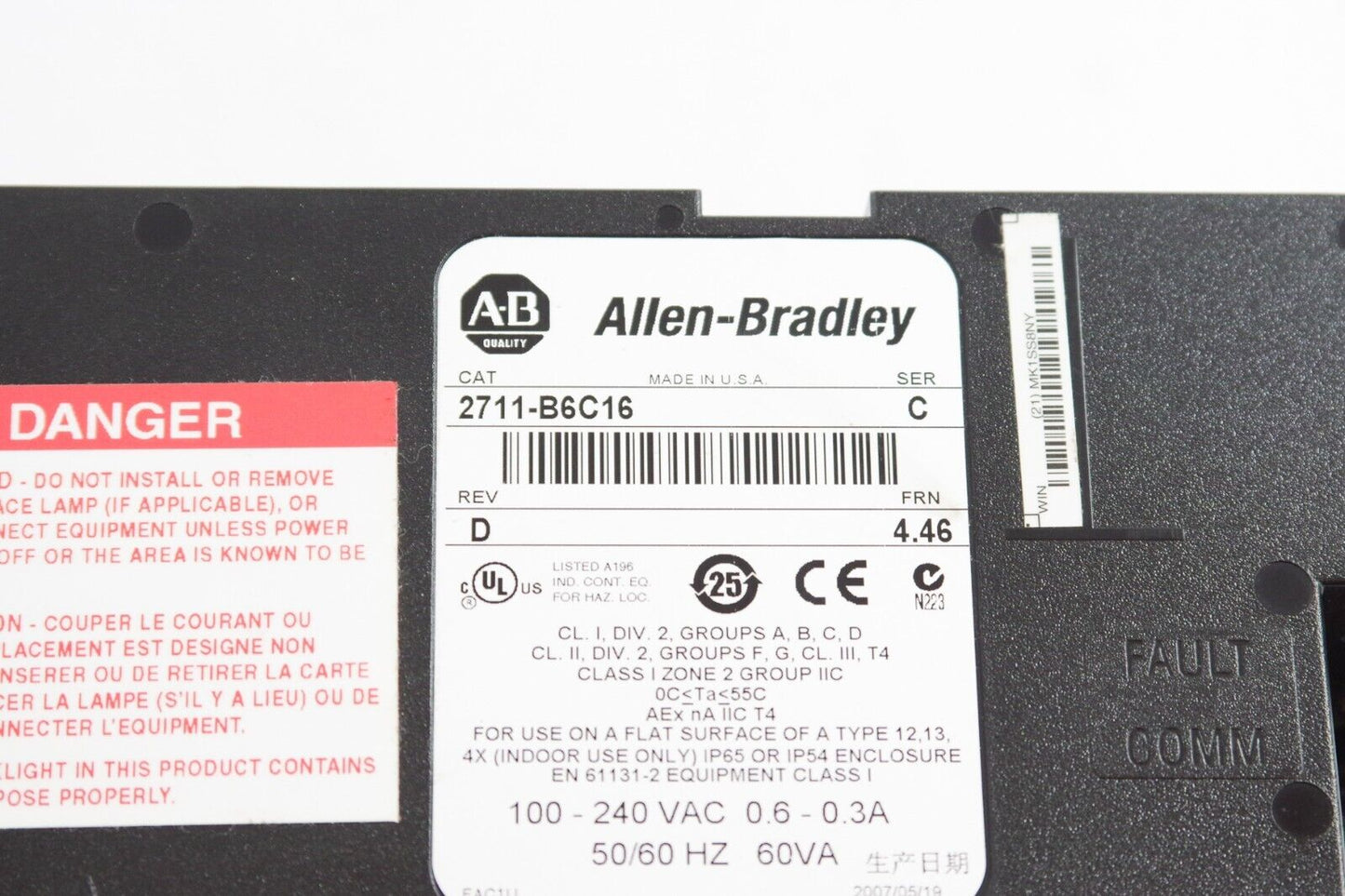 Allen Bradley 2711-B6C16 PanelView 600 REV D FRN 4.46 Series C