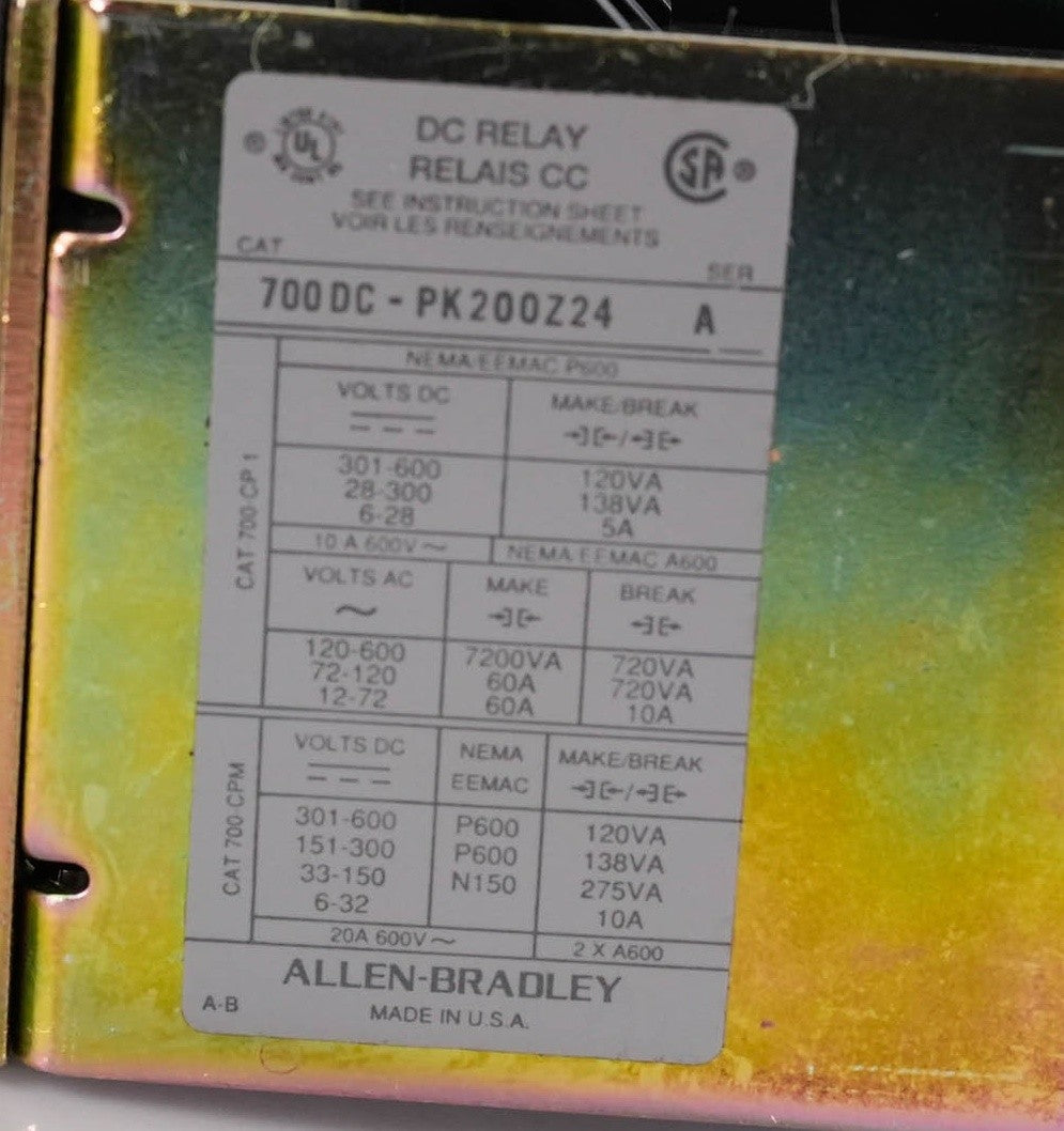 Allen Bradley 700DC-PK200Z24 Control Relay 24VDC 2-Pole 700PK200Z24 Series A 10A