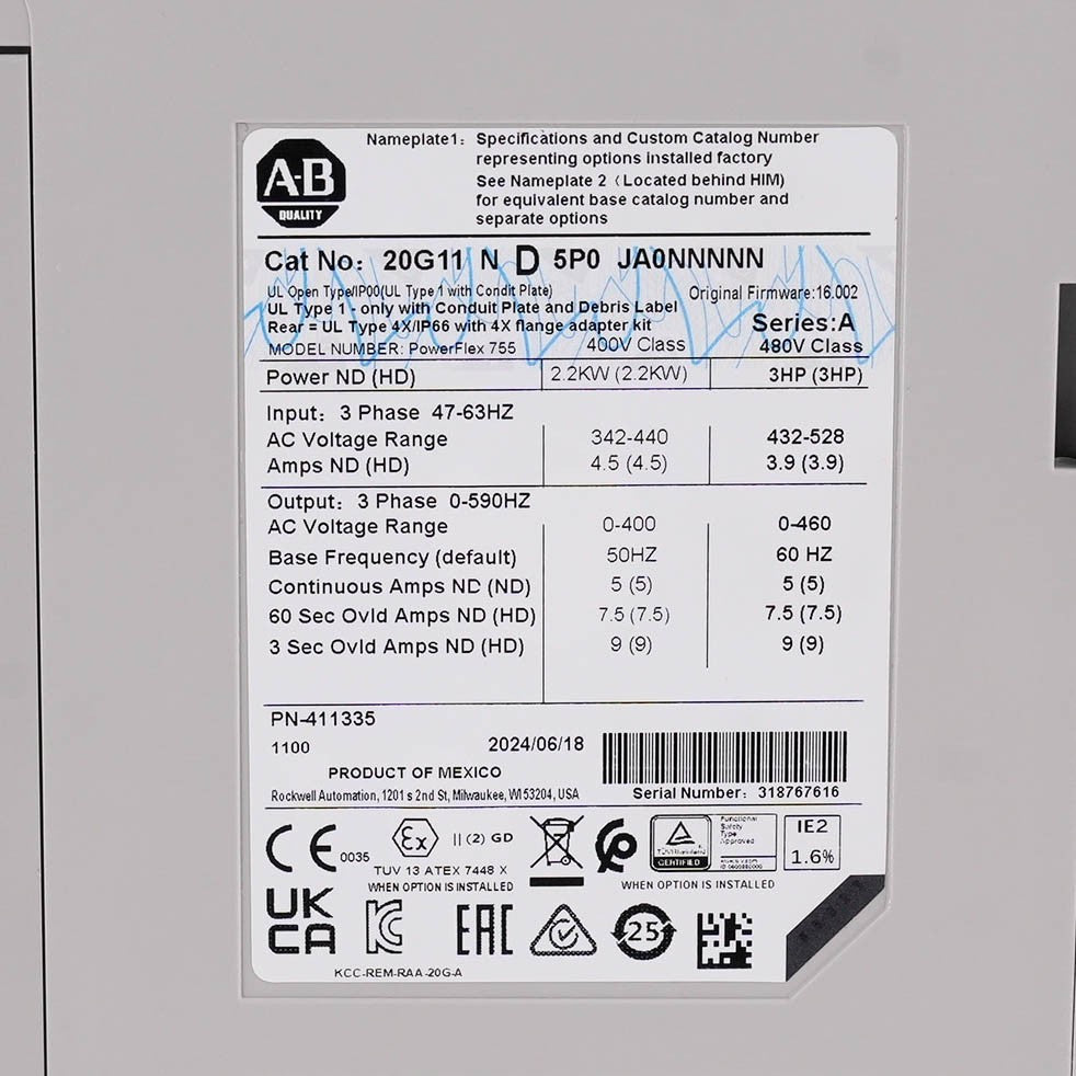 Allen Bradley 20G11ND5P0JA0NNNNN PowerFlex 755 AC Drive 480V 5.0A 3HP Series A
