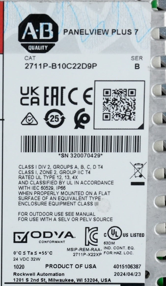 Allen Bradley 2711P-B10C22D9P /B PanelView Plus 7 Terminal 2711PB10C22D9P SER B