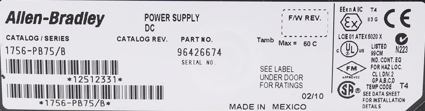 Allen Bradley 1756-PB75 /B ControlLogix Power Supply + 1756-A4 /B 4-Slot Chassis