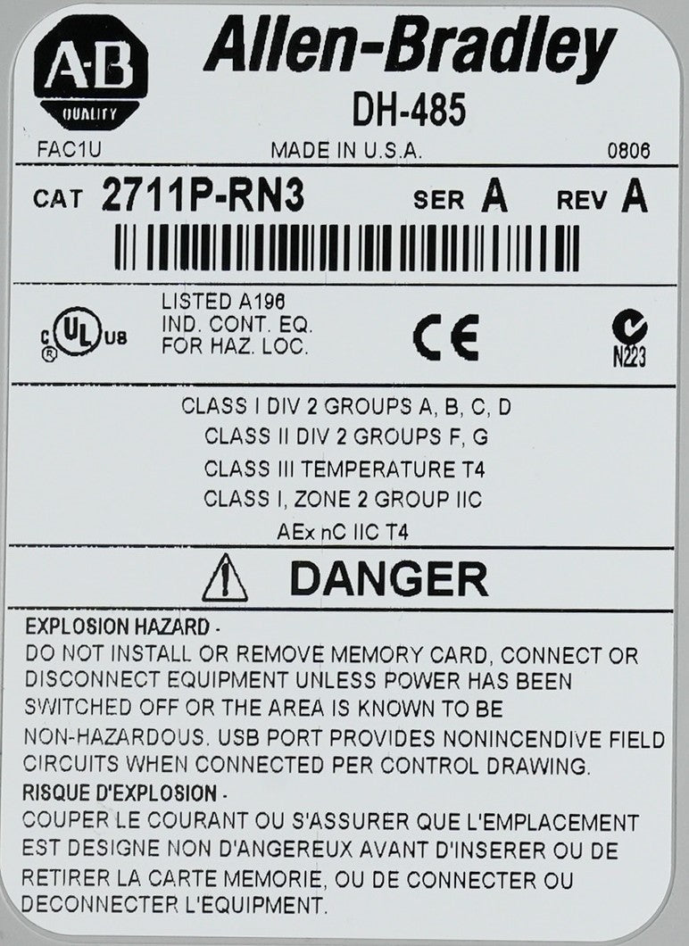 Allen Bradley 2711P-T6M3A /B Rev B PanelView Plus 600 2711PT6M3A