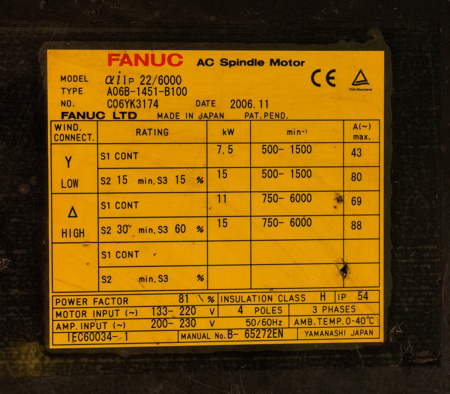 FANUC A06B-1451-B100 Alpha iIP 22/6000 AC Spindle Motor 230V 15kW A06B1451B100