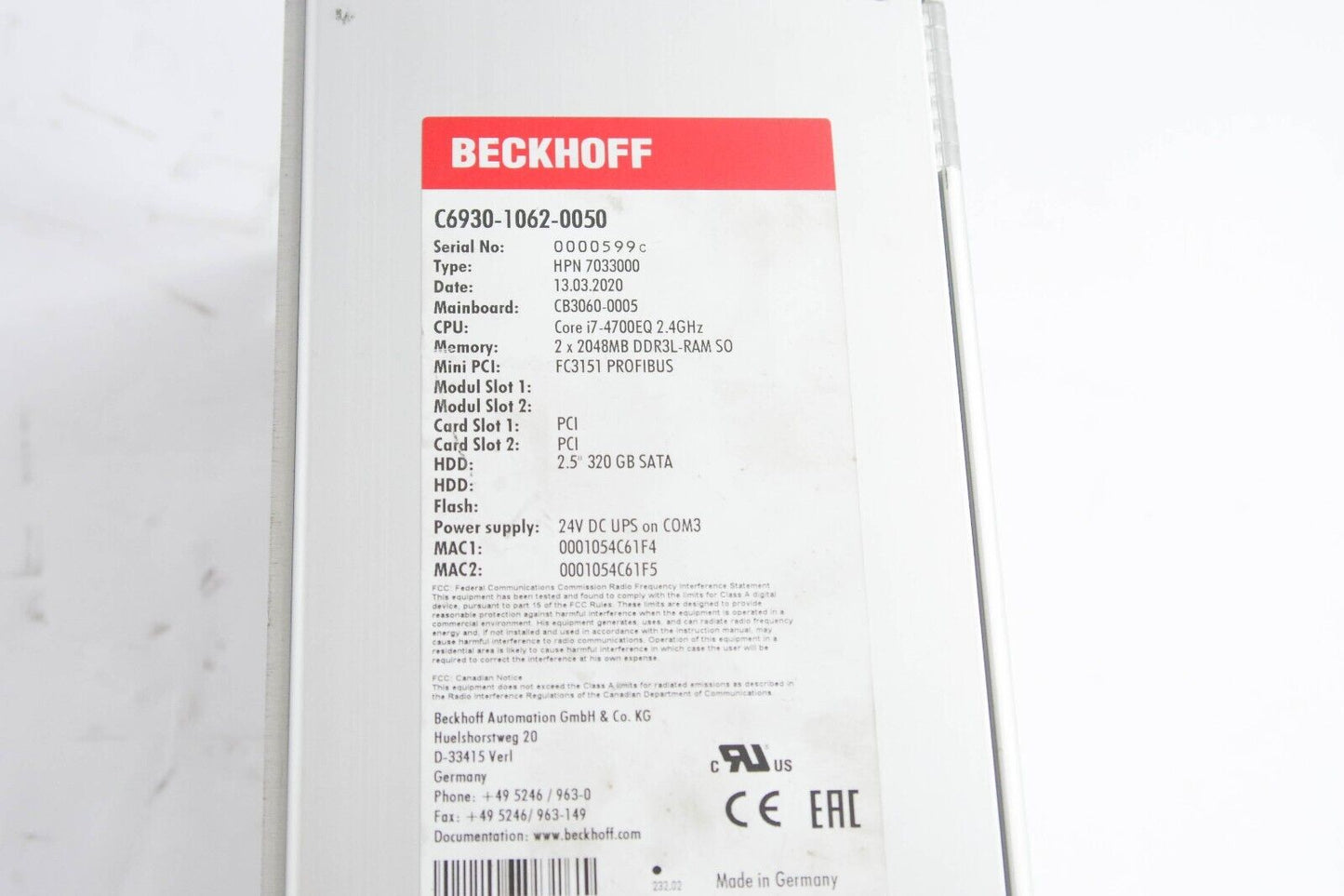 Beckhoff Automation C6930-1062-0050 / C693010620050 HPN7033000 CB3060-0005 24V