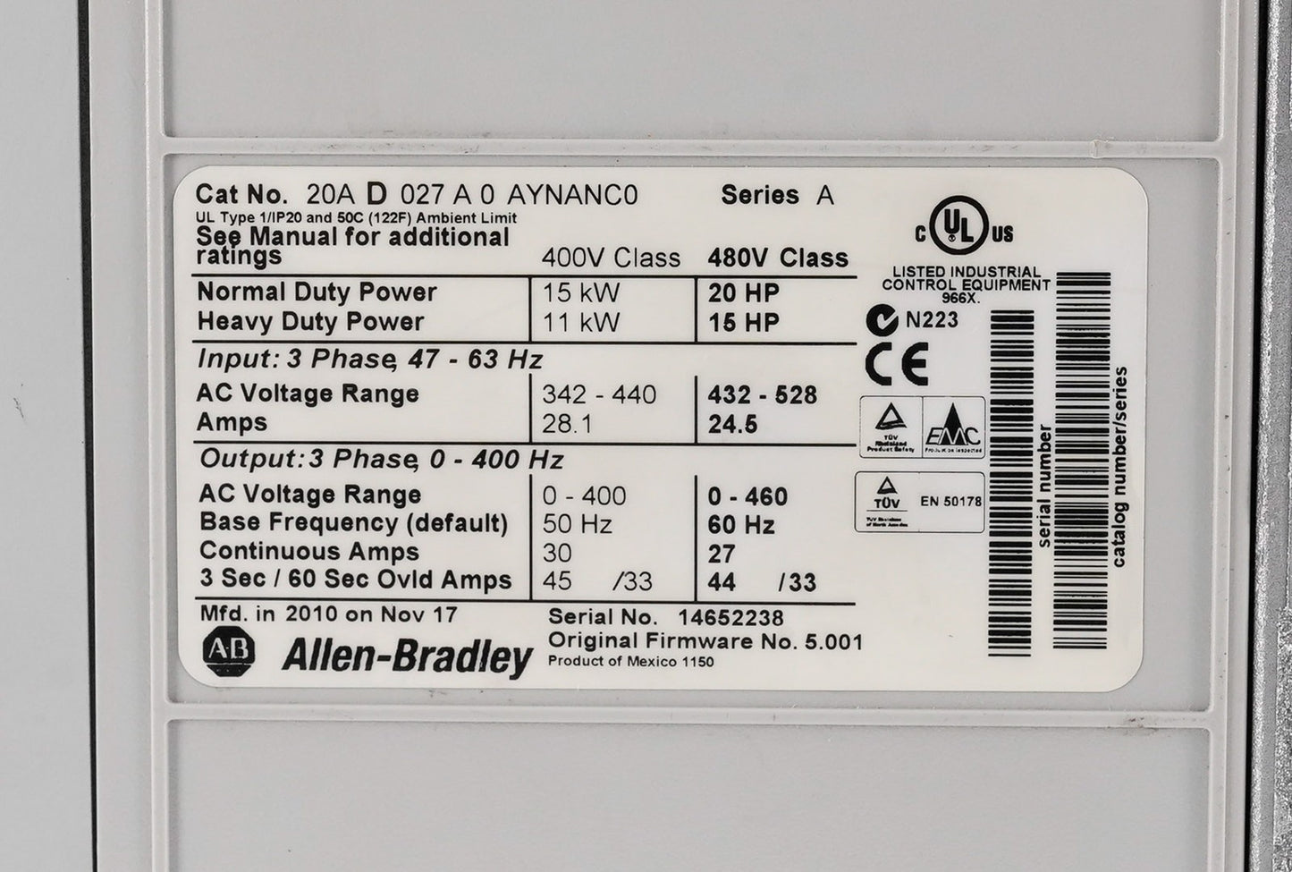 Allen Bradley 20AD027A0AYNANC0 /A PowerFlex 70 AC Drive 480V 20HP 3-Phase