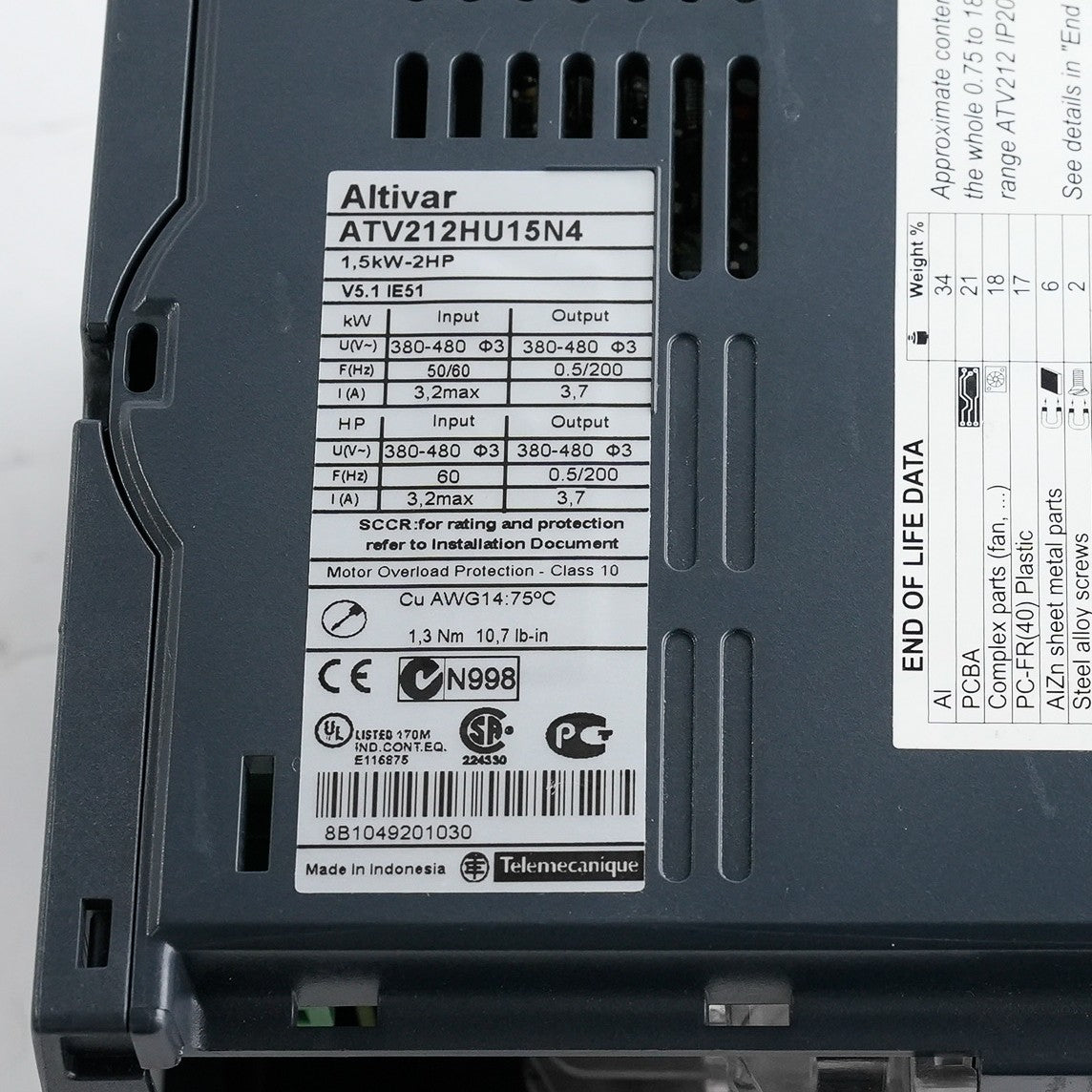 Schneider Electric ATV212HU15N4 1.5kW 2HP 480V 3PH Variable Speed Drive