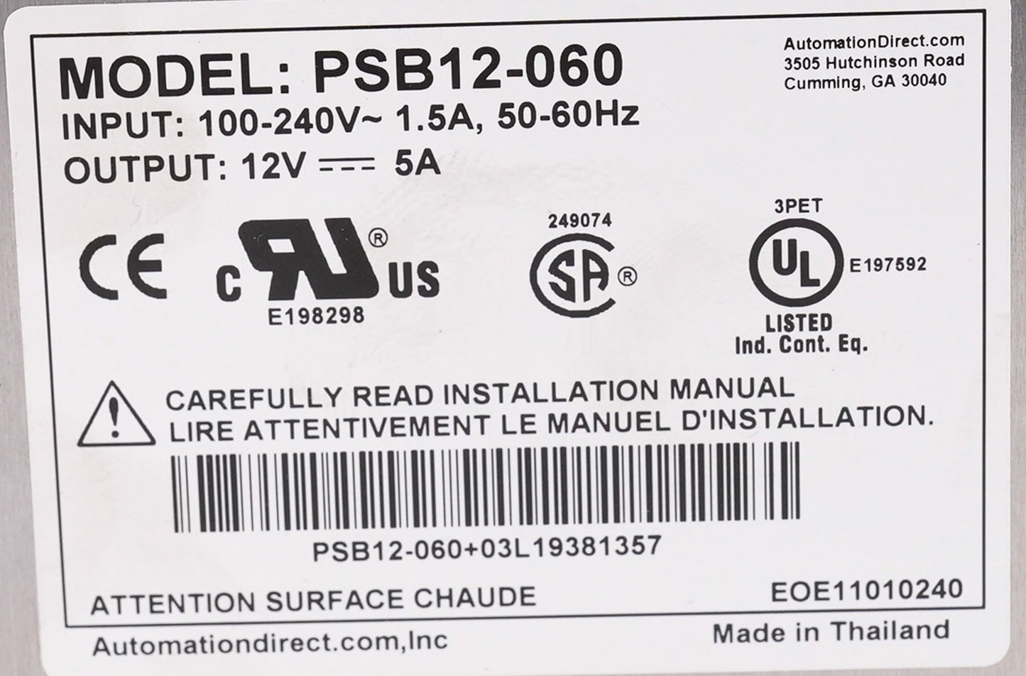 Rhino PSB12-060 Power Supply 100-240V 1.5A / 12V 5A PSB12060