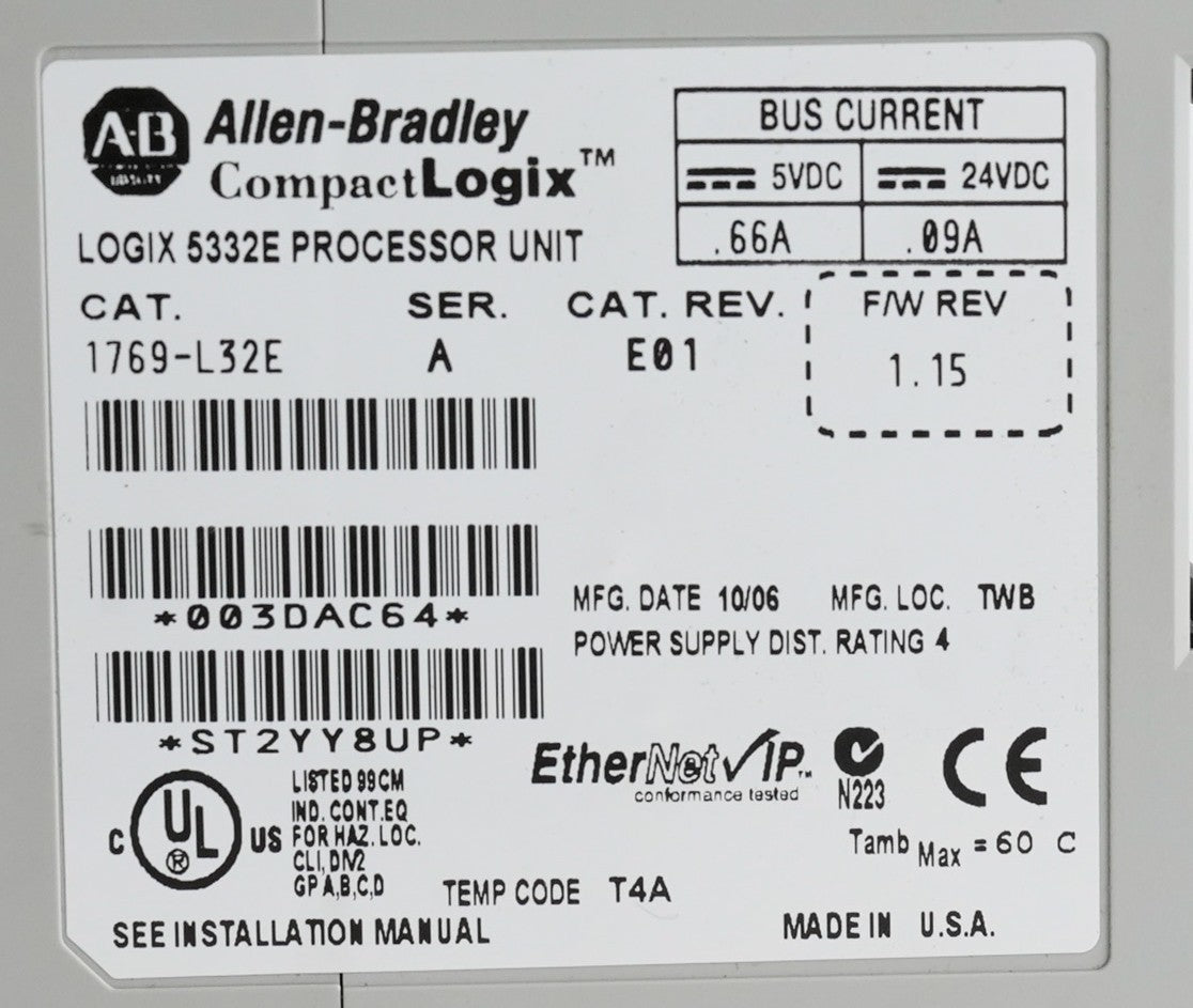 Allen Bradley 1769-L32E /A CompactLogix Logix 5332E Processor Unit 1769L32E