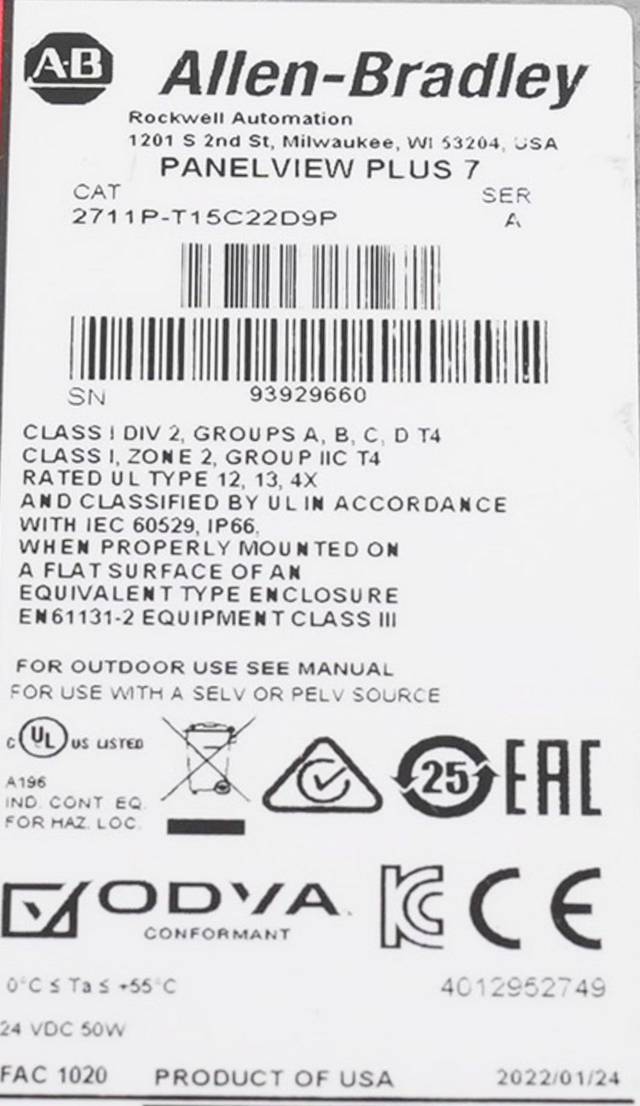 Allen Bradley 2711P-T15C22D9P /A PanelView Plus 7 Display Terminal Series A