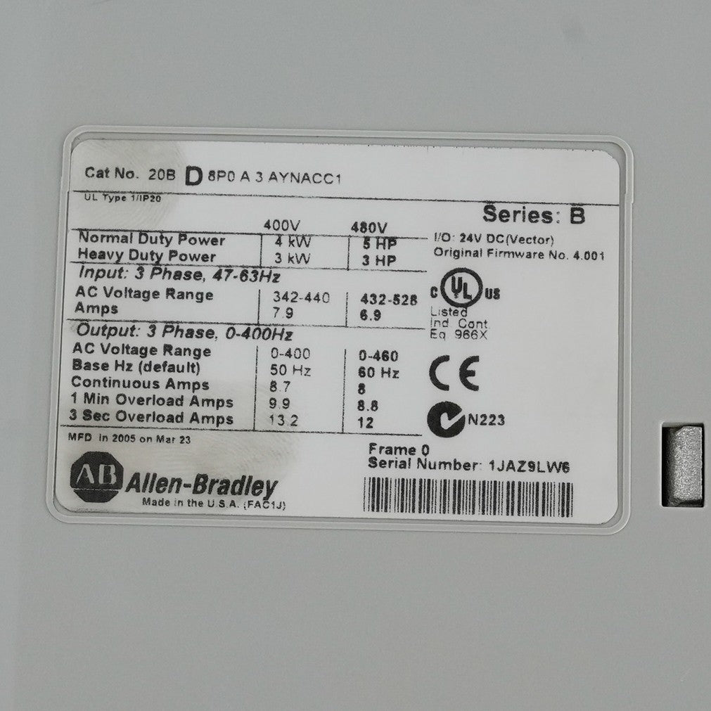 Allen Bradley 20BD8P0A3AYNACC1 /B PowerFlex700 AC Drive 480 VAC 3-PH 8A  5hp