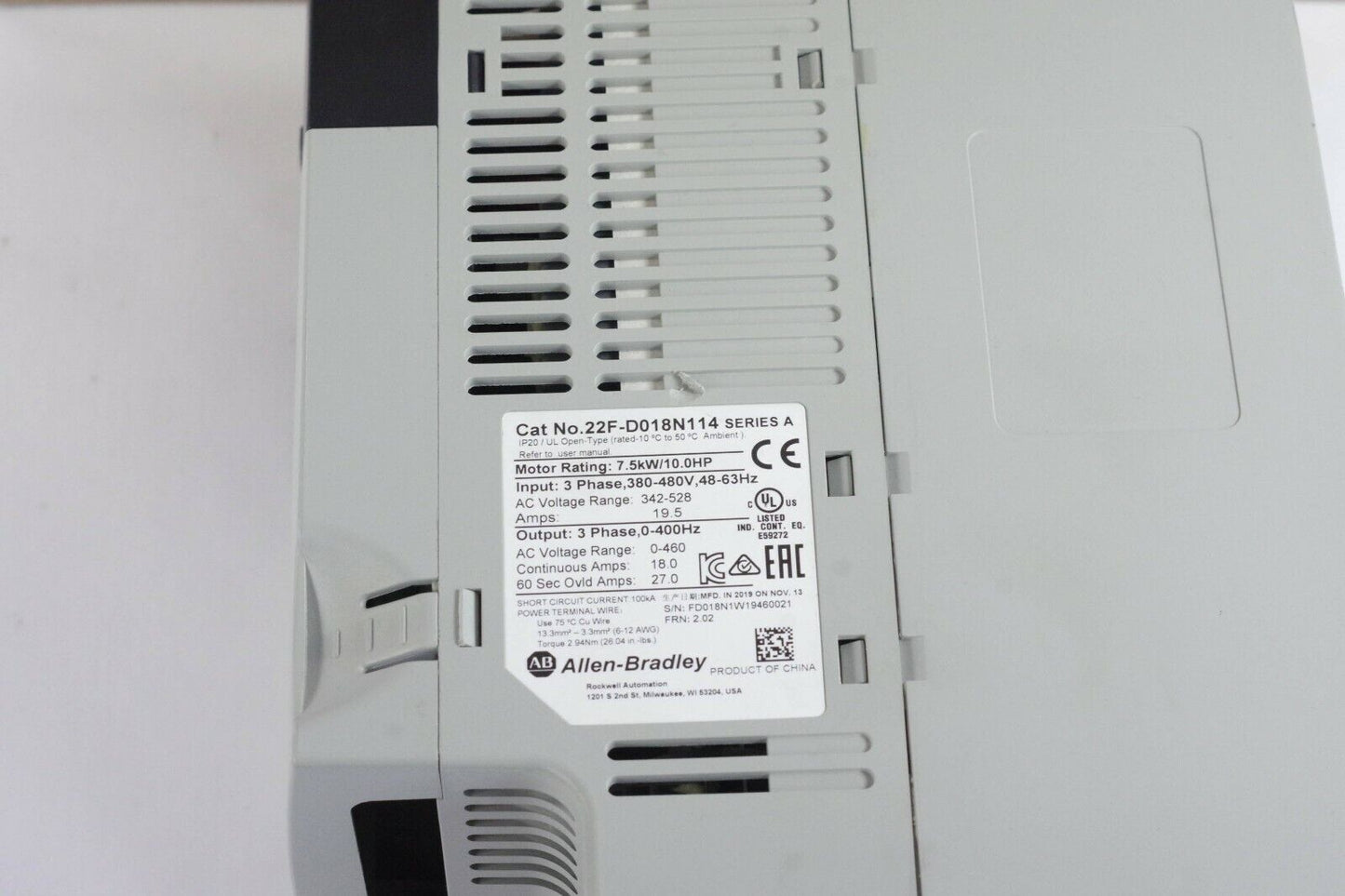 ALLEN BRADLEY 22F-D018N114 AC Drive 7.5kW 10HP 480vac 3PH - With Box