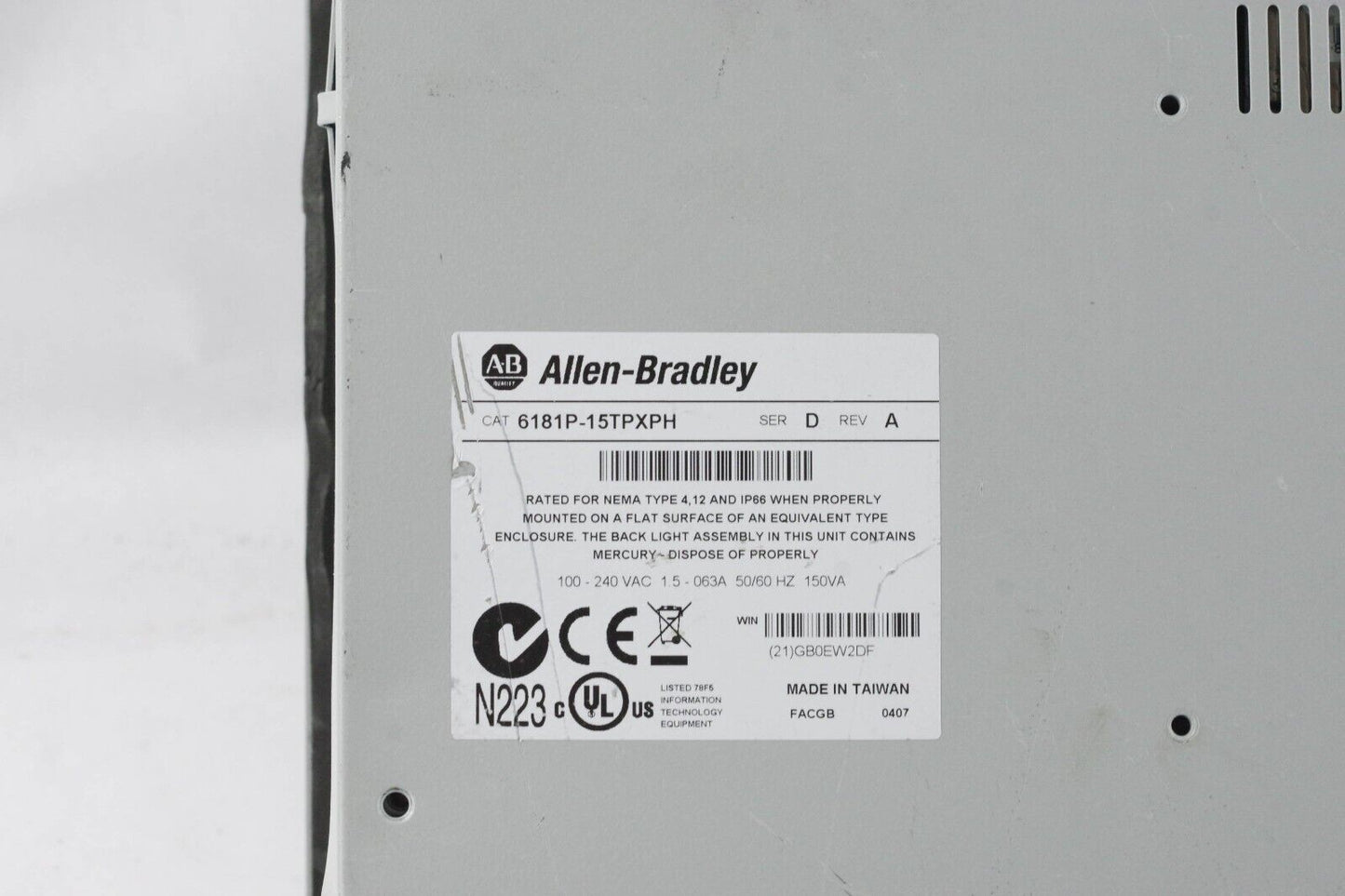 ALLEN BRADLEY 6181P-15TPXPH VERSAVIEW 1500P Ser D - For Parts / Repair