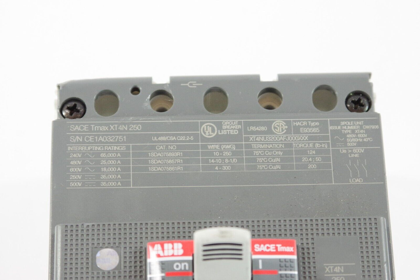 ABB Sace Tmax XT4N 250 Main Breaker 3 Pole 480-600V