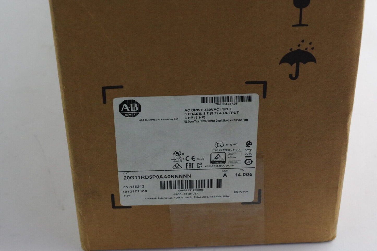 Allen Bradley 20G11RD5P0AA0NNNNN /A PowerFlex Air Cooled 755 AC Drive 3hp Sealed