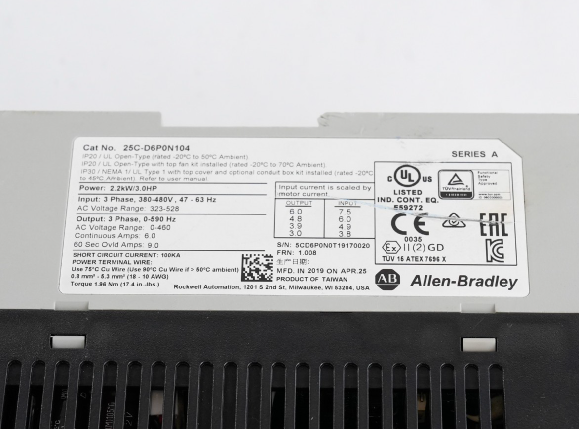 Allen Bradley 25C-D6P0N104 FRN 1.008 PowerFlex 527 Drive 3HP 380-480V 3-Phase