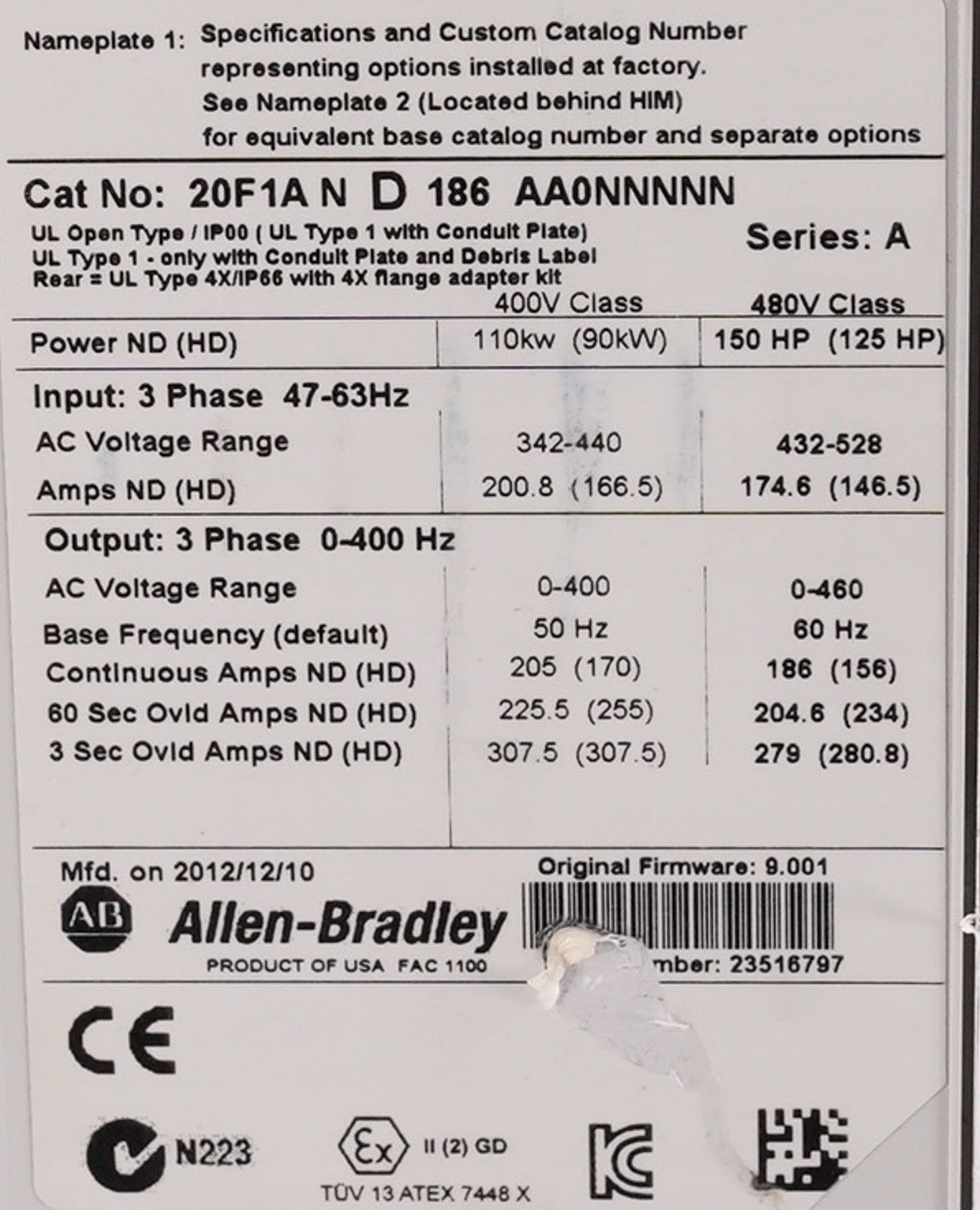 Allen Bradley 20F1AND186AA0NNNNN /A PowerFlex 753 AC Drive 480V 150HP 3-Phase