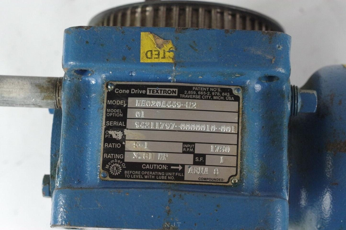 Textron Cone Drive 5:1 Right Hand Gear Reducer MH020A449-W2 1750RPM 3.81hp