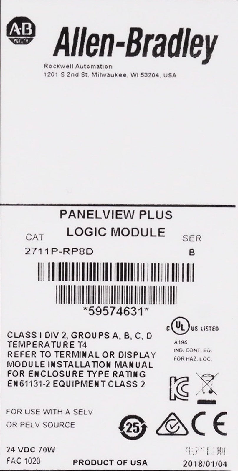 Allen Bradley 2711P-RP8D /B PanelView Plus Logic Module - Without Original Box
