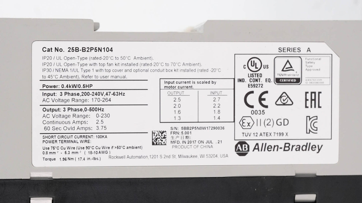 Allen Bradley 25B-B2P5N104 Ser A PowerFlex 525 AC Drive 0.5HP 0.4kW 240V 3PH