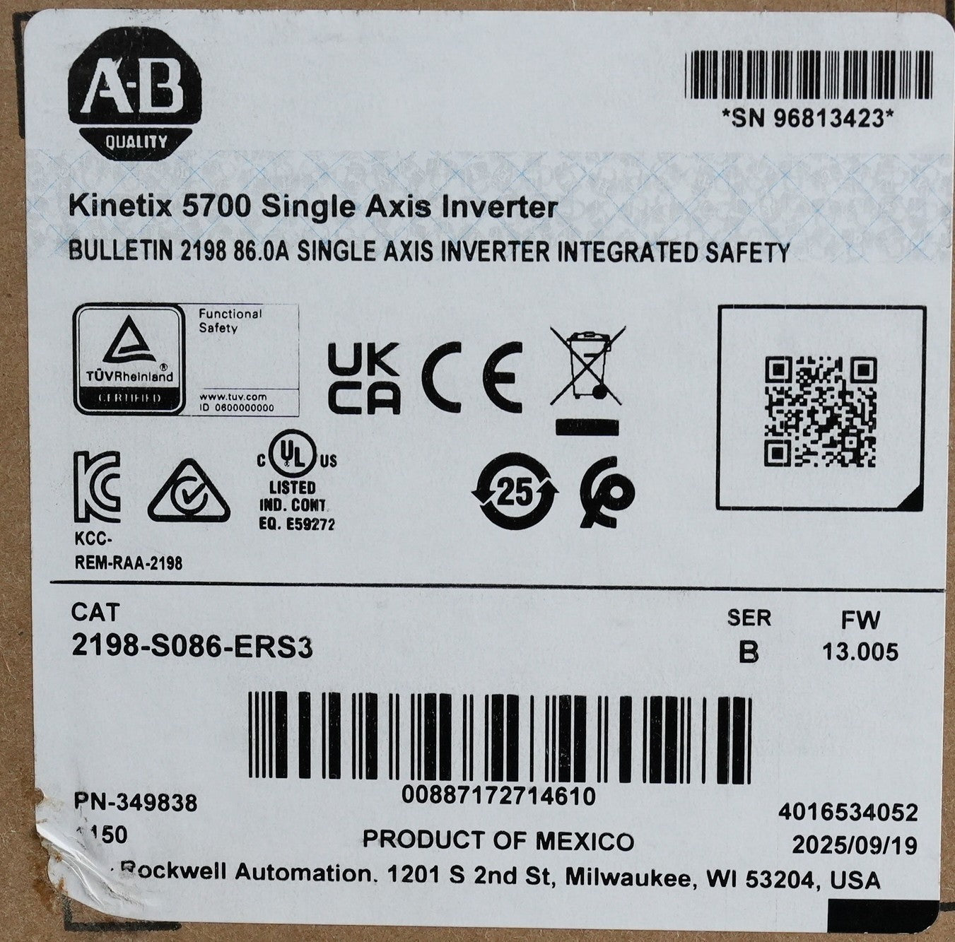 Allen Bradley 2198-S086-ERS3 /B Kinetix 5700 Single Axis Inverter Sealed Surplus