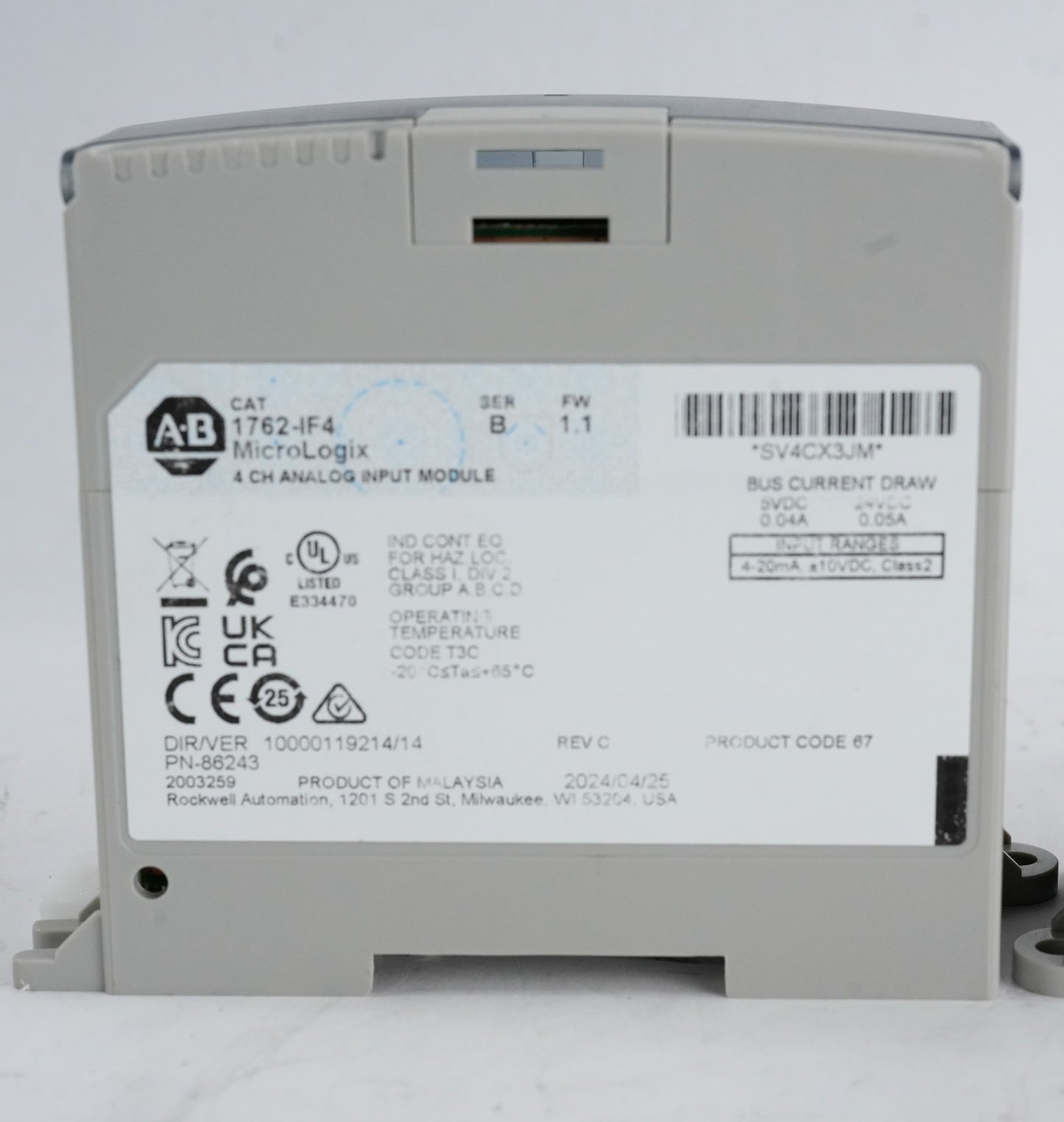 Allen Bradley 1762-IF4 /B FW 1.1 MicroLogix Analog Input Module 4-Channel