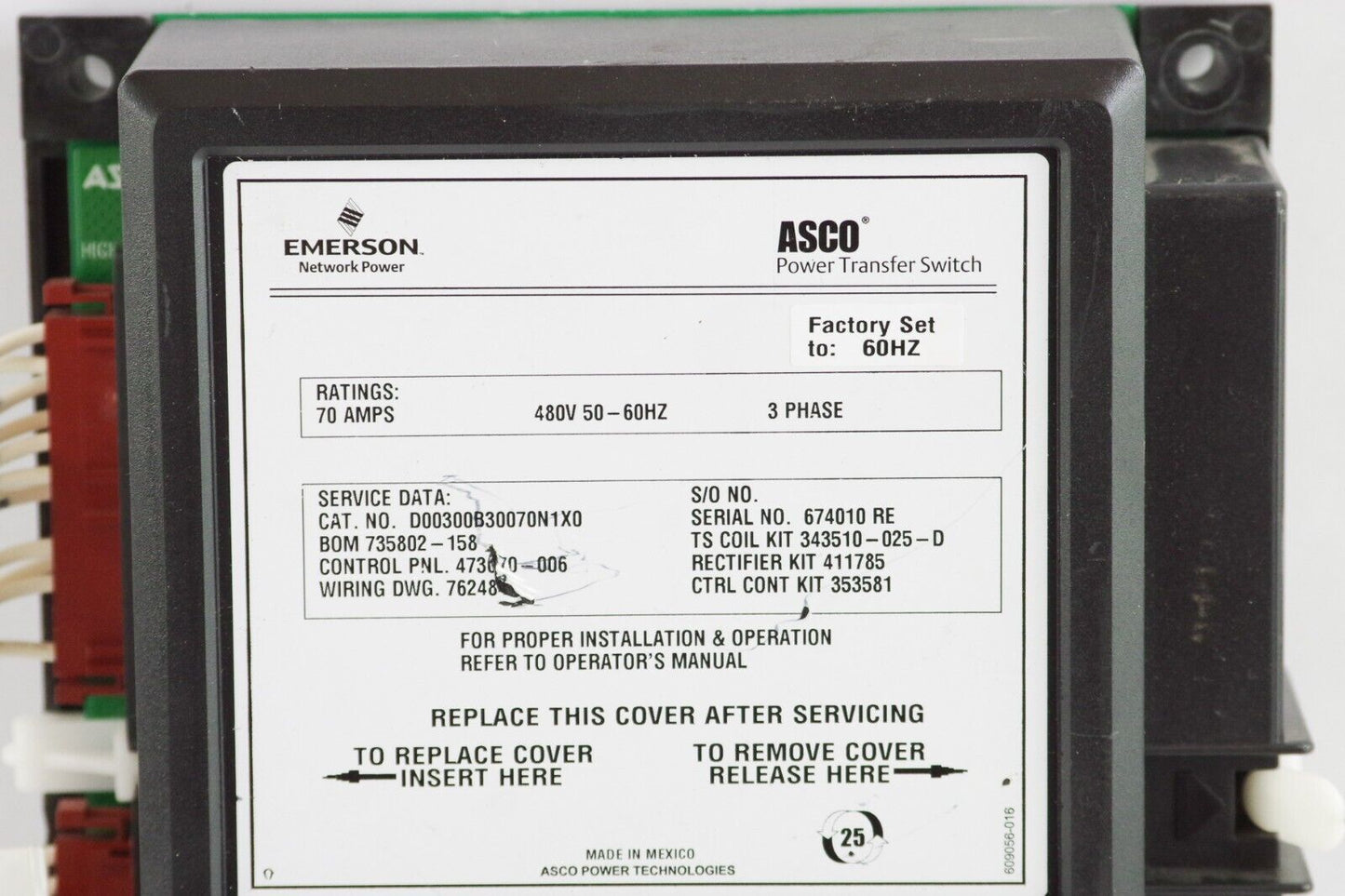 ASCO D00300B30070N1X0 / 473670-006 Automatic Transfer Switch 70Amps 480V 50-60Hz