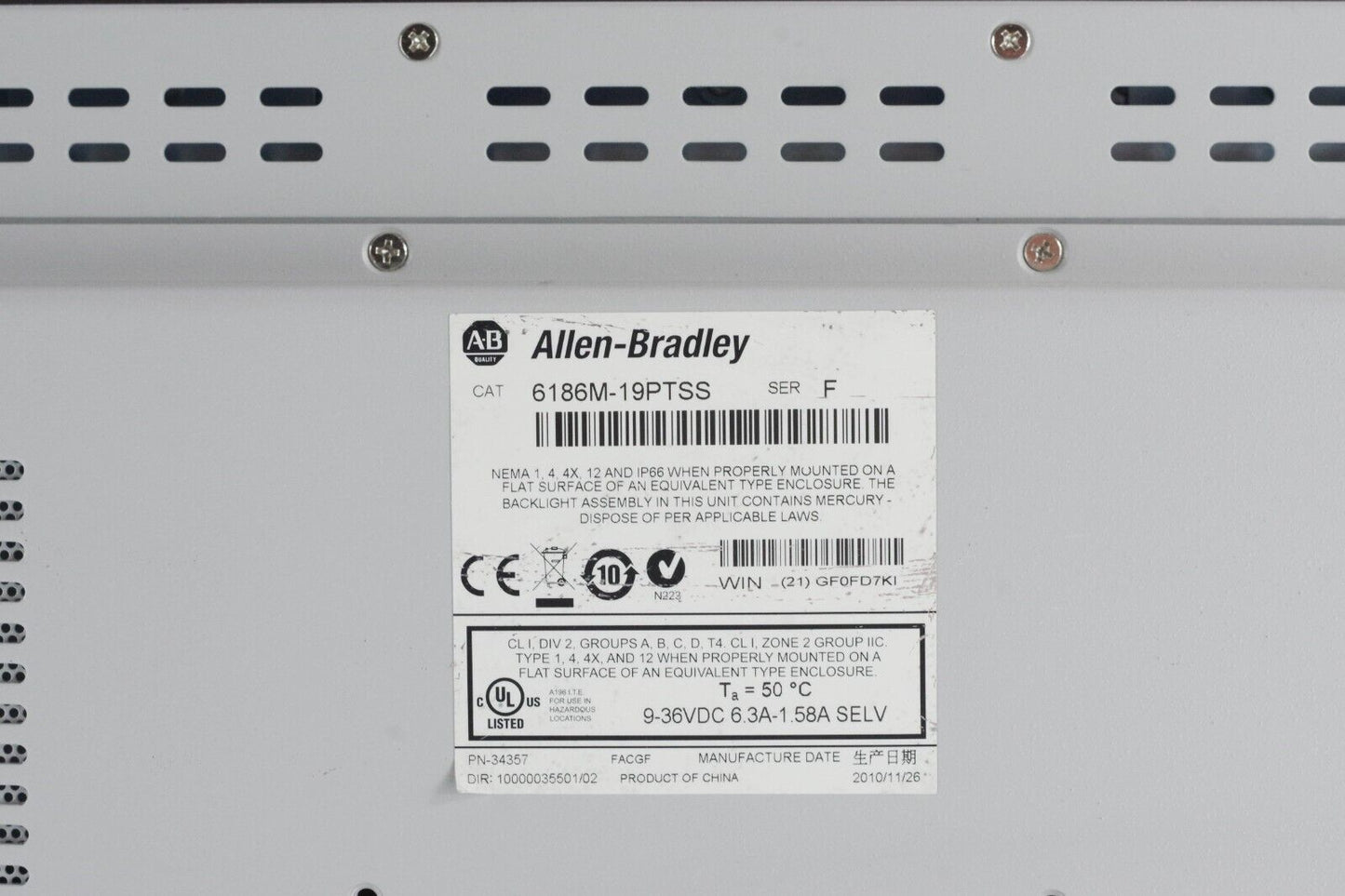 Allen Bradley 6186M-19PTSS Ser F Stainless VersaView Monitor 6186M