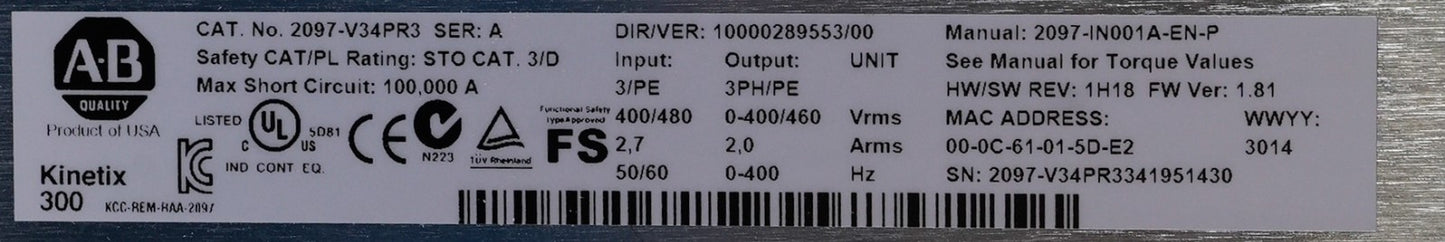Allen Bradley 2097-V34PR3 /A Kinetix 300 Servo Drive 480V 3ph - Installed
