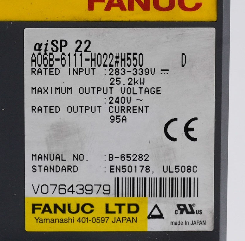 Fanuc aiSP 22 A06B-6111-H022#H550 D Servo Amplifier 25.2kW A06B6111H022#H550