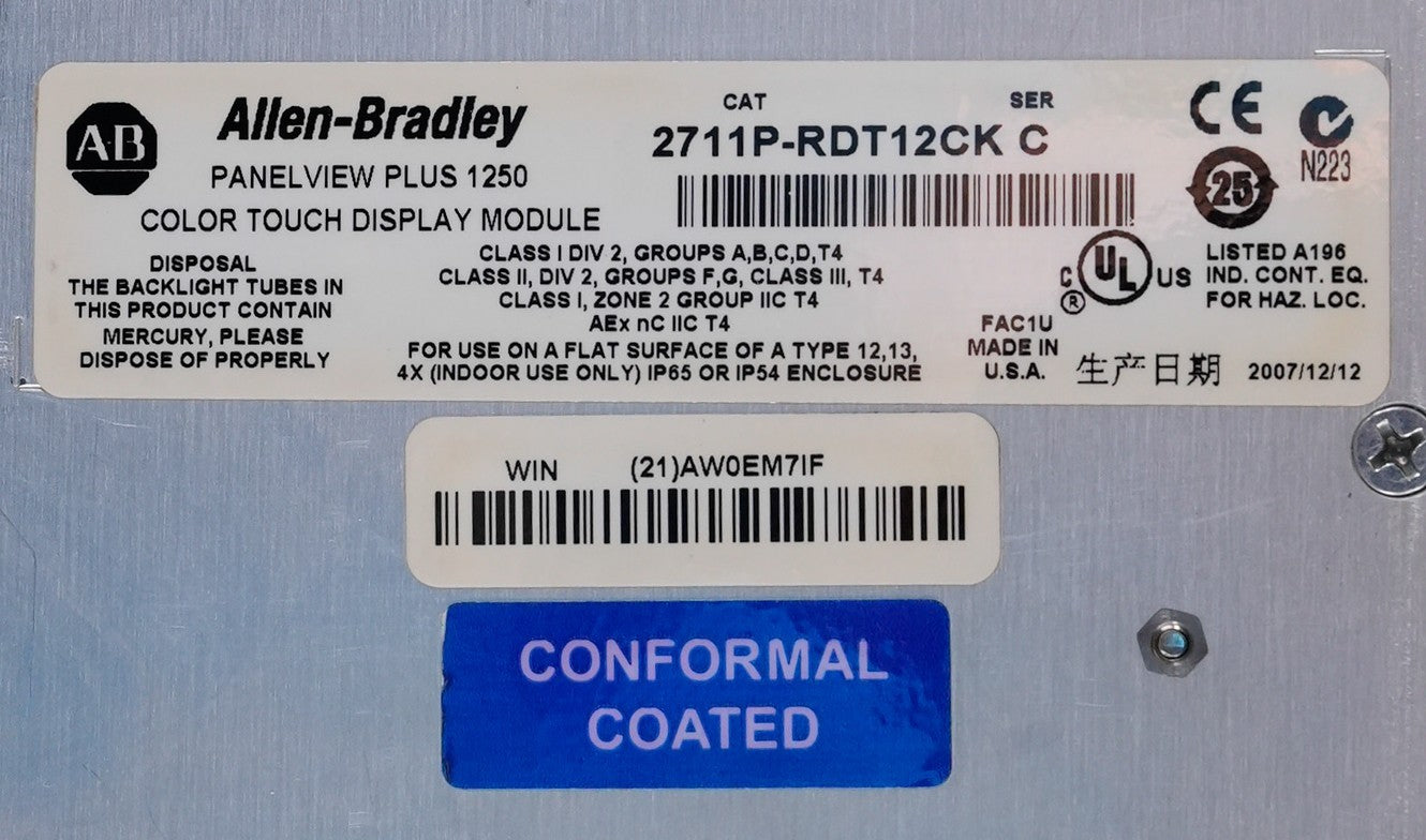 Allen Bradley 2711P-RDT12CK /C Panelview Plus 1250 Conformal Coated Display